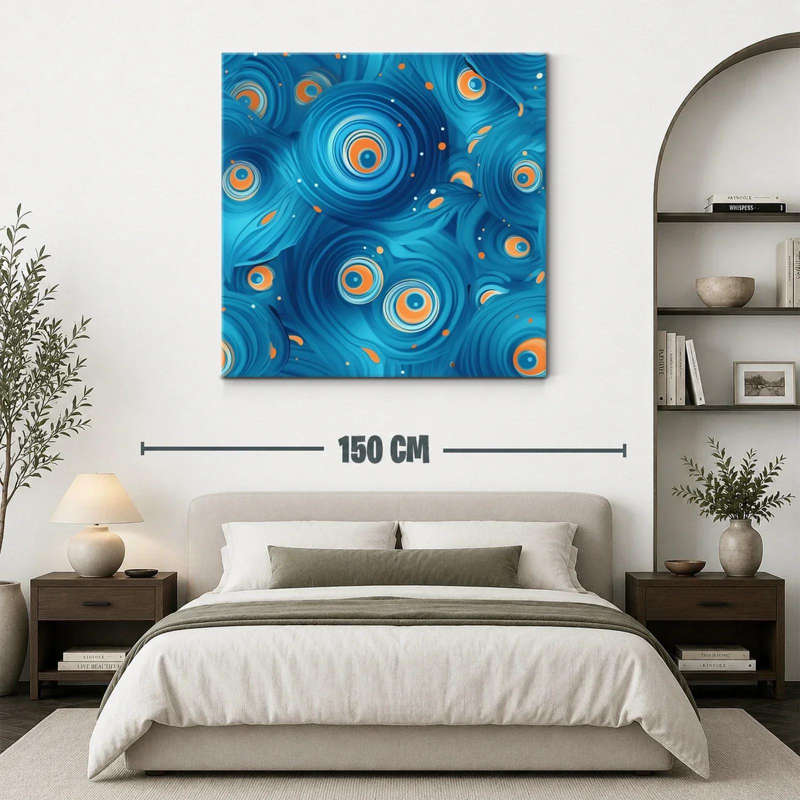 Cuadro abstracto en azules con detalles en naranja vibrante — miniatura 3