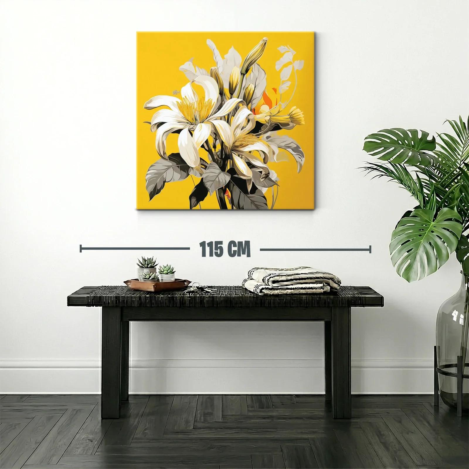 Cuadro floral con lirios blancos sobre fondo amarillo vibrante — miniatura 2