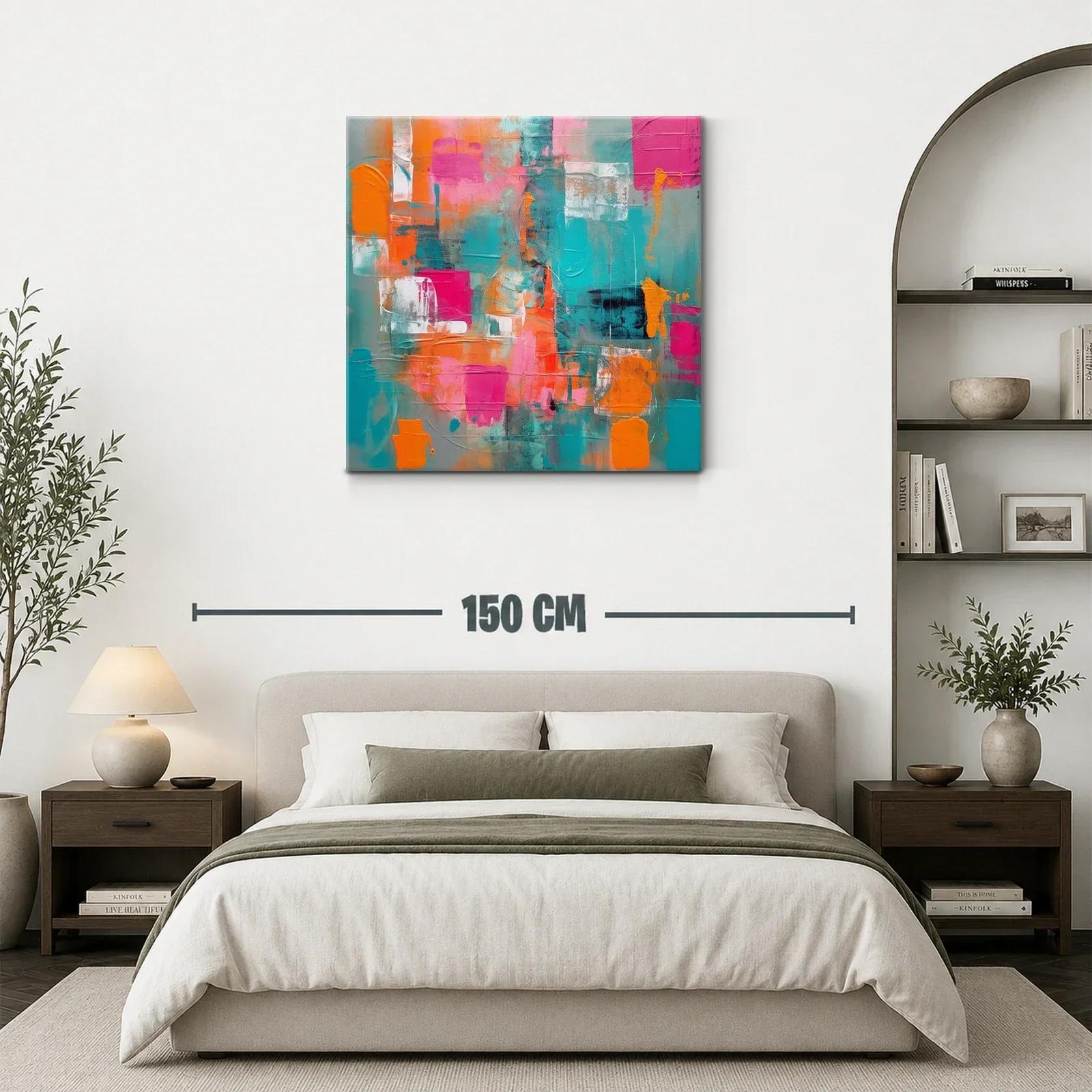Cuadro abstracto con vibrantes tonos turquesa naranja y rosa — miniatura 3