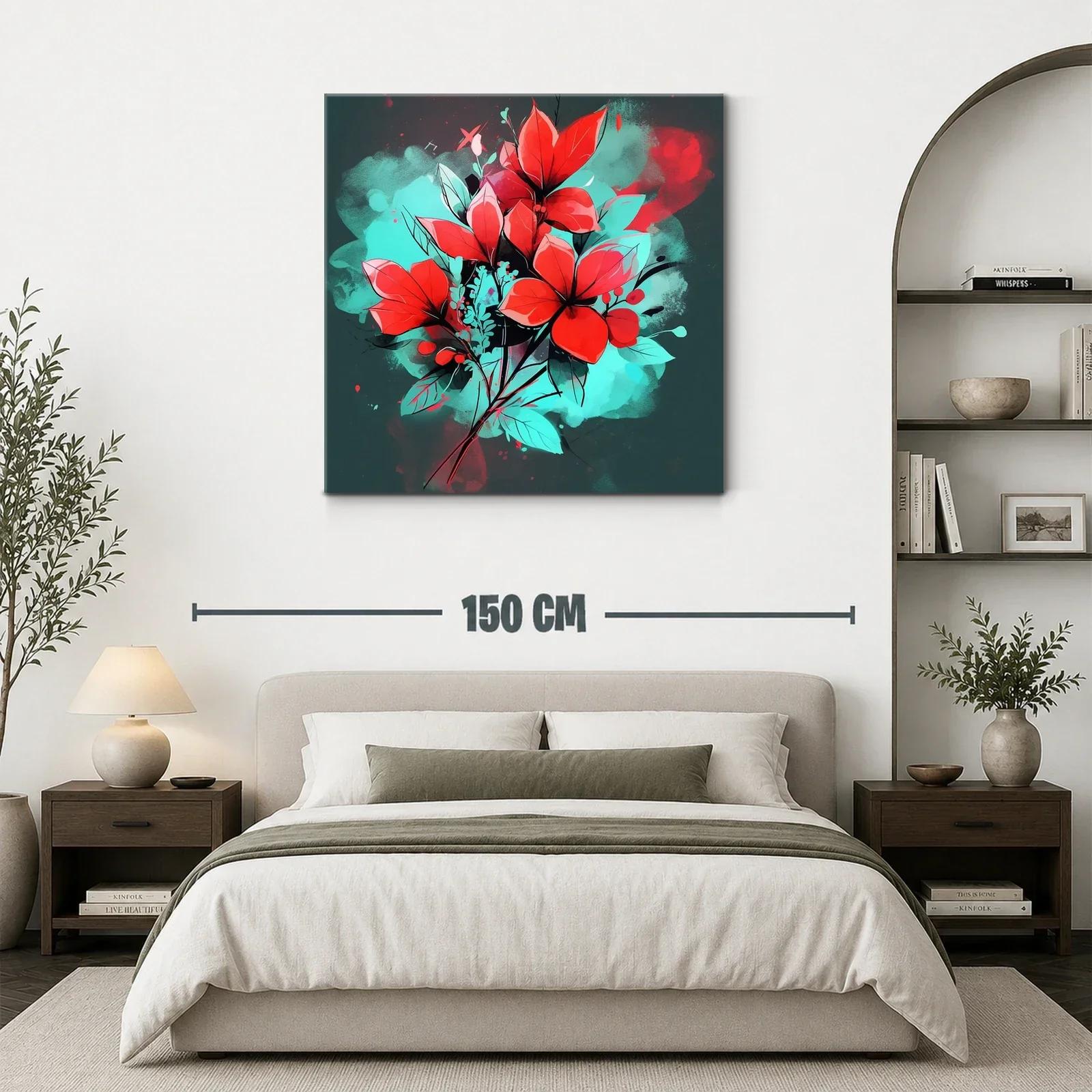 Cuadro floral vibrante con contraste rojo y turquesa — miniatura 3