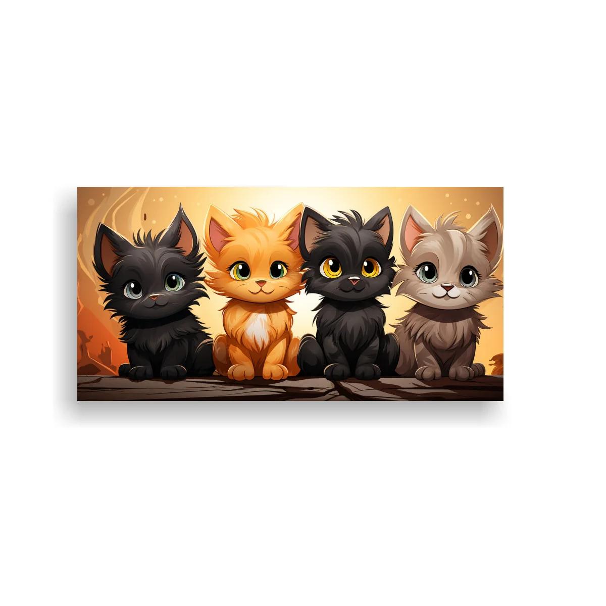 Cuadro cuatro gatitos alineados sobre suelo de piedra — imagen principal