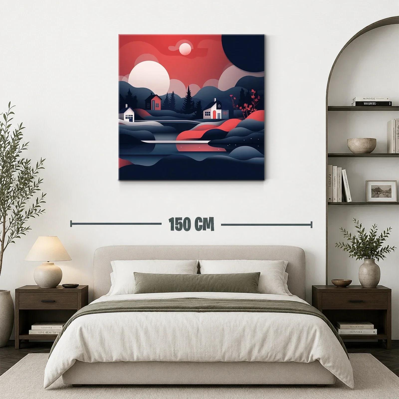 Paisaje nocturno con casas y montañas en tonos rojos y azules — miniatura 3