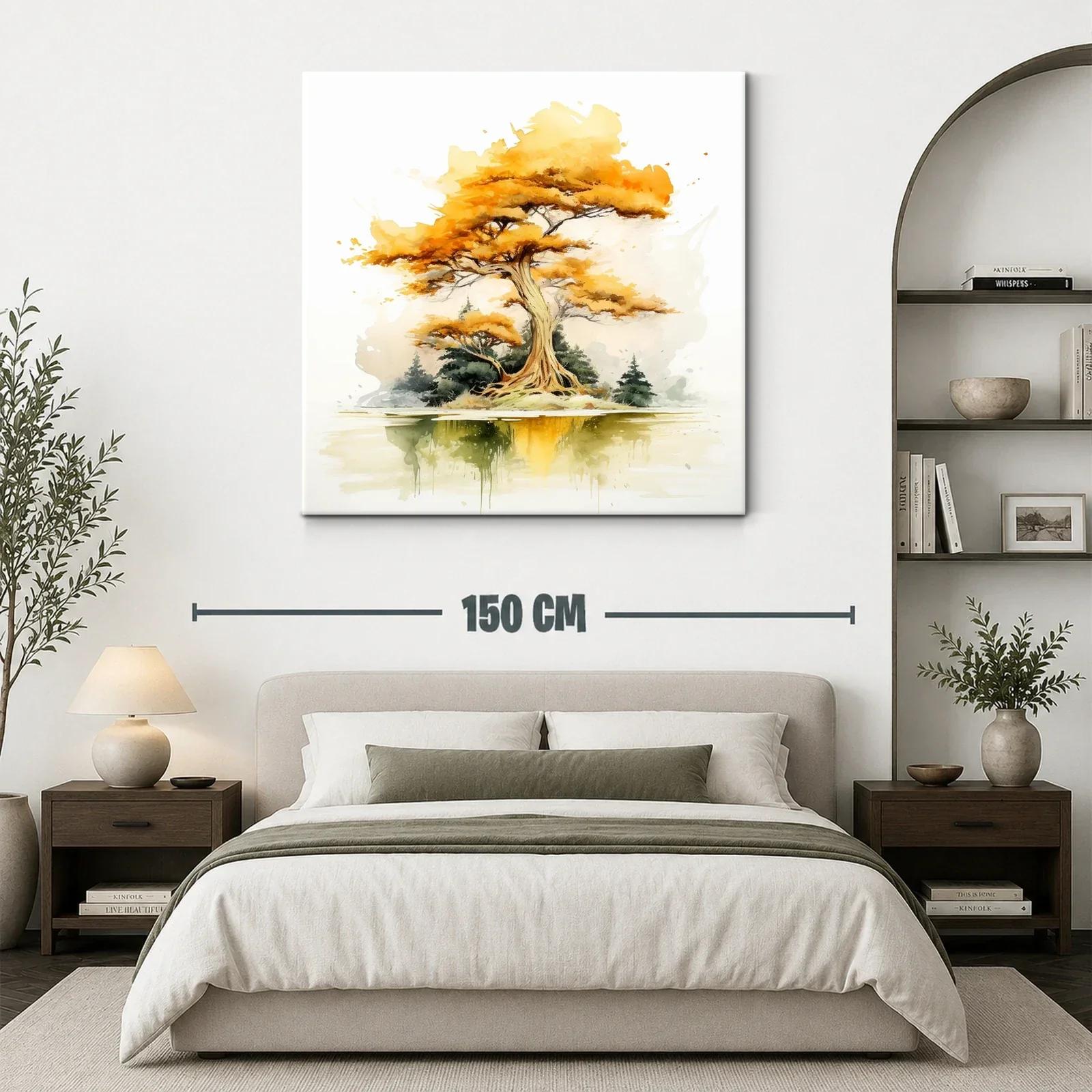Árbol otoñal con reflejo sereno en tonos cálidos y verdes — miniatura 3