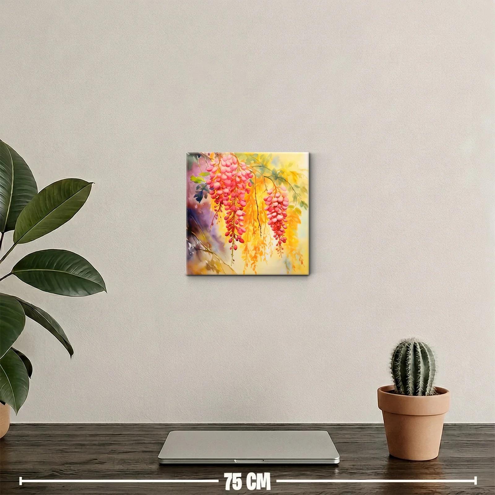 Cuadro decorativo entrañable con racimos rosas y fondo vibrante — miniatura 2