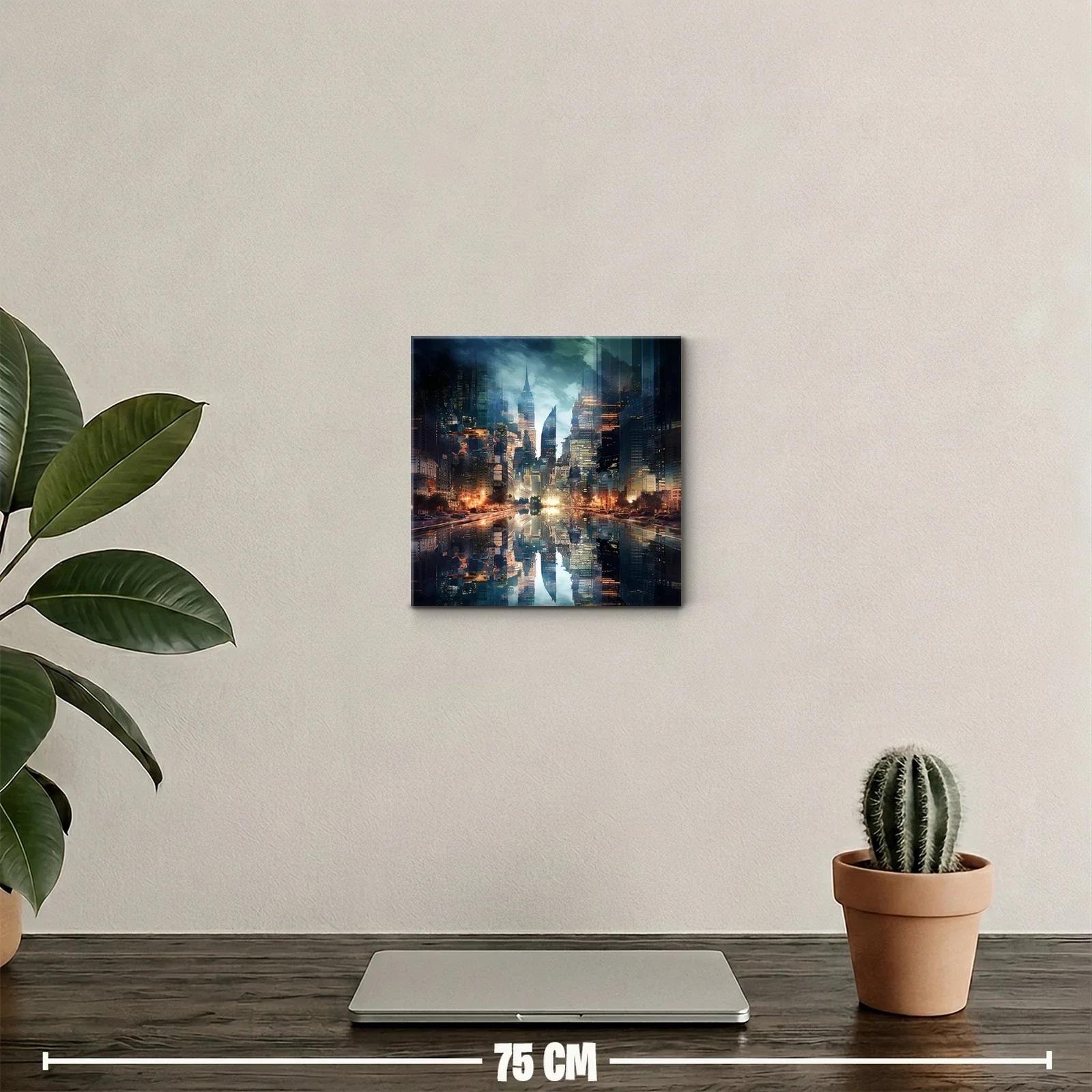 Ciudad futurista reflejada en agua con luces doradas y azules — miniatura 2