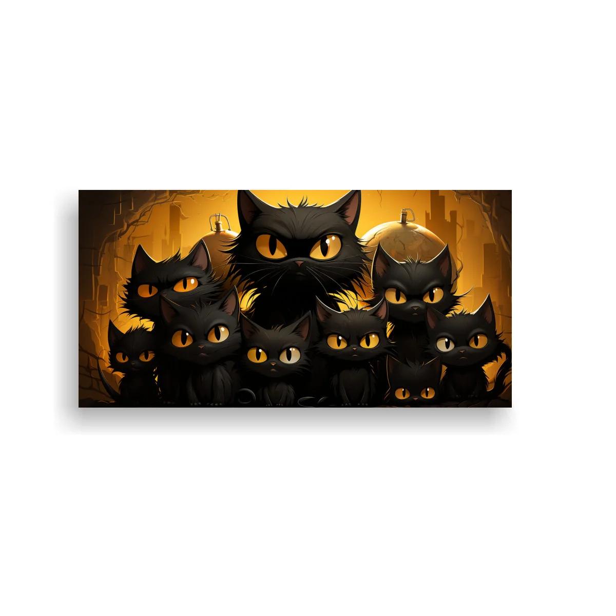 Cuadro grupo de gatos negros con luna redonda luminosa — imagen principal