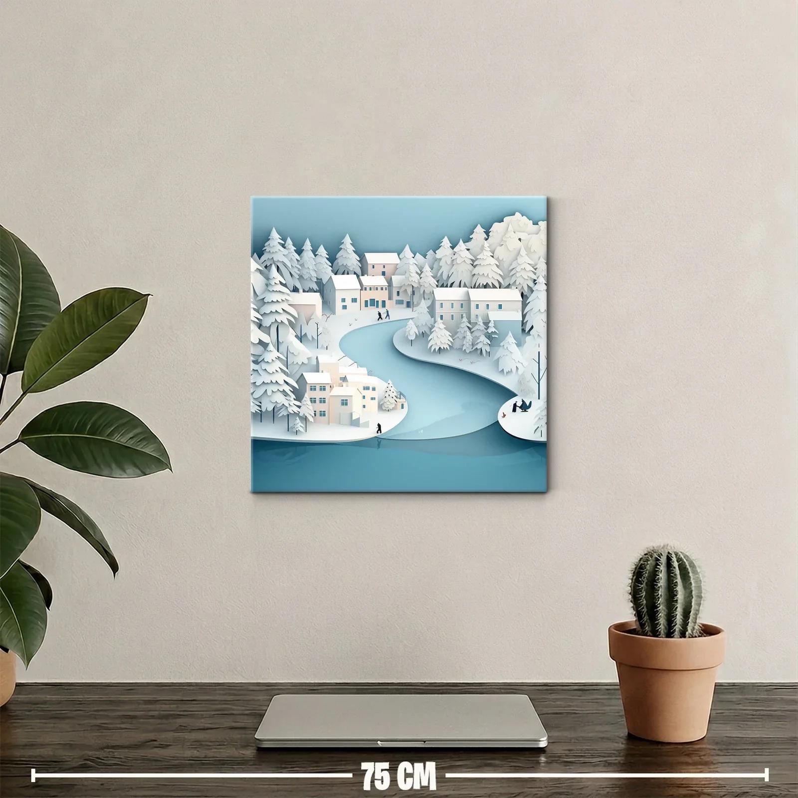 Paisaje invernal sereno con río y casas nevadas — miniatura 2