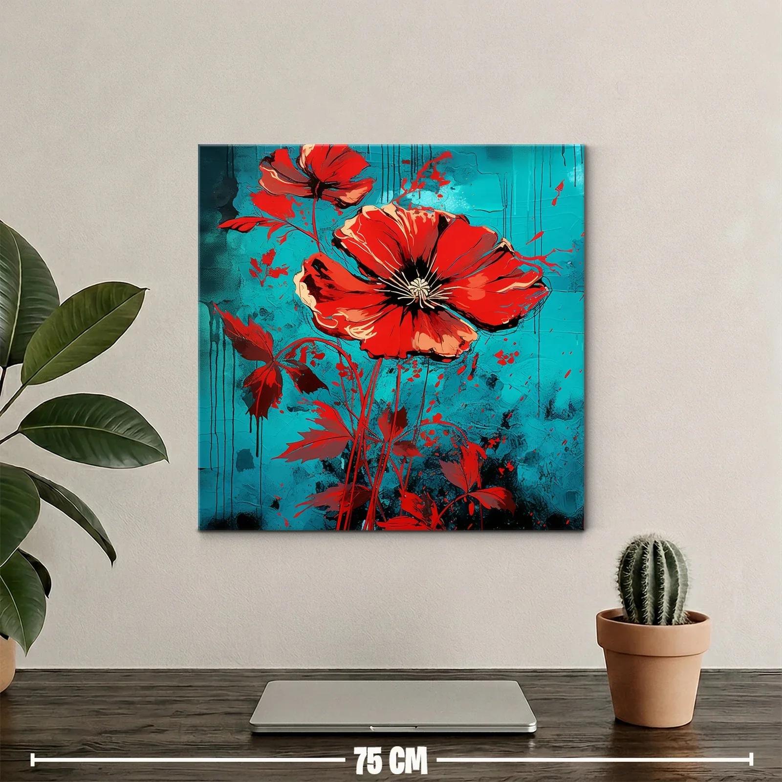 Llamativo cuadro floral con amapolas rojas y fondo azul — miniatura 2