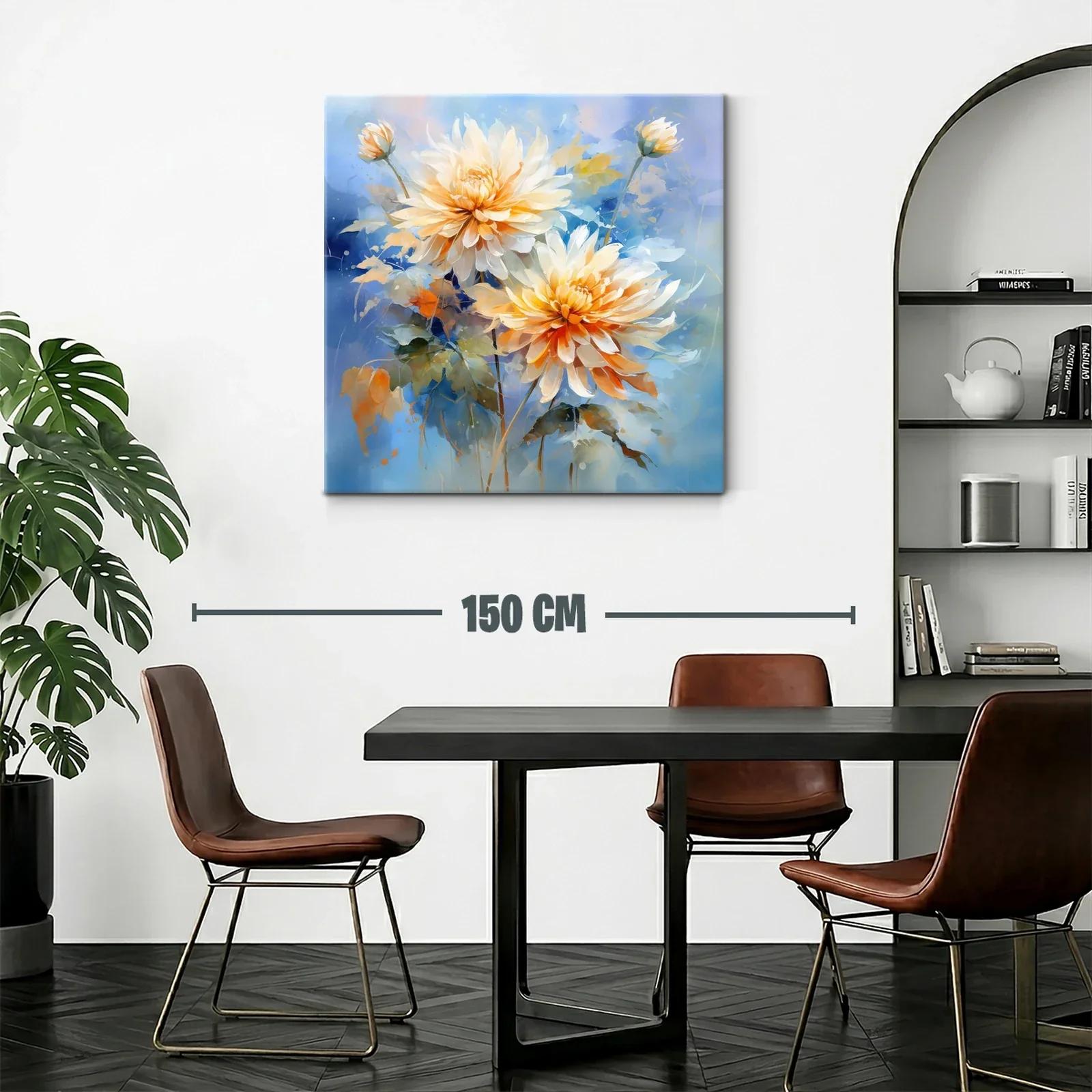Cuadro floral con dalias en tonos cálidos y fondo azul — miniatura 2