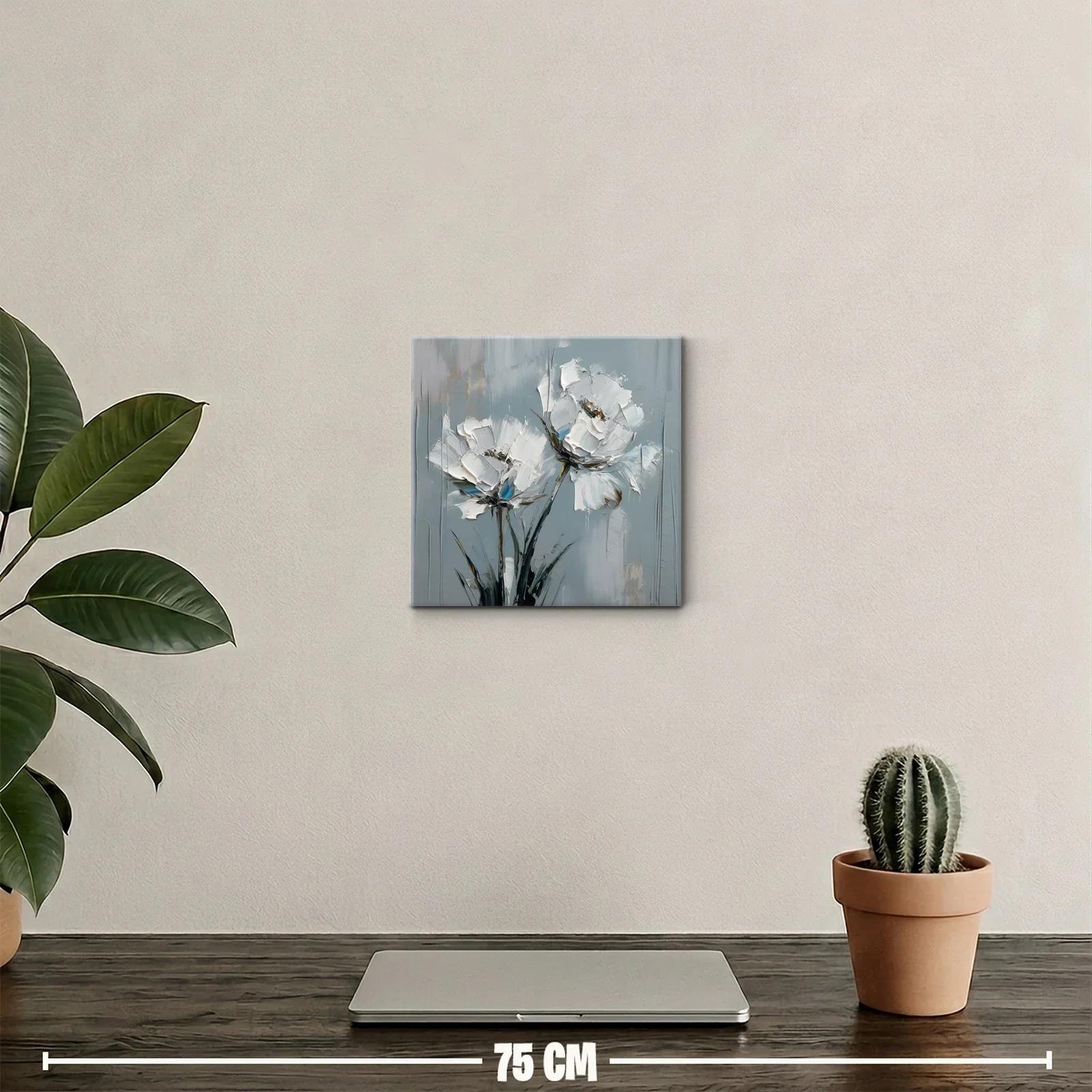 Cuadro moderno con flores blancas sobre fondo gris azulado — miniatura 2