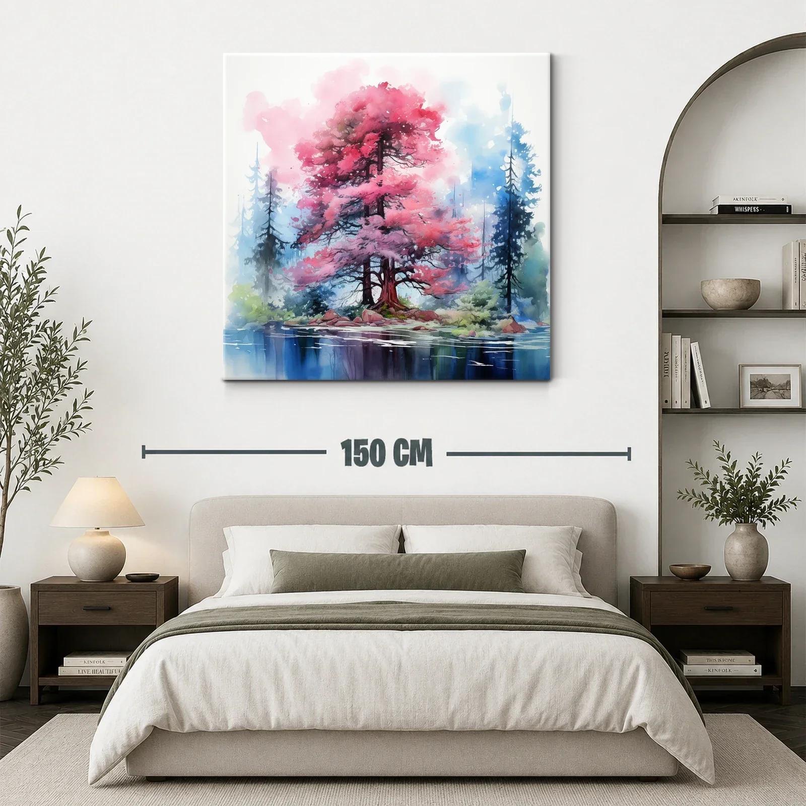 Árbol en tonos rosas y azules sobre lago sereno y bosques — miniatura 3