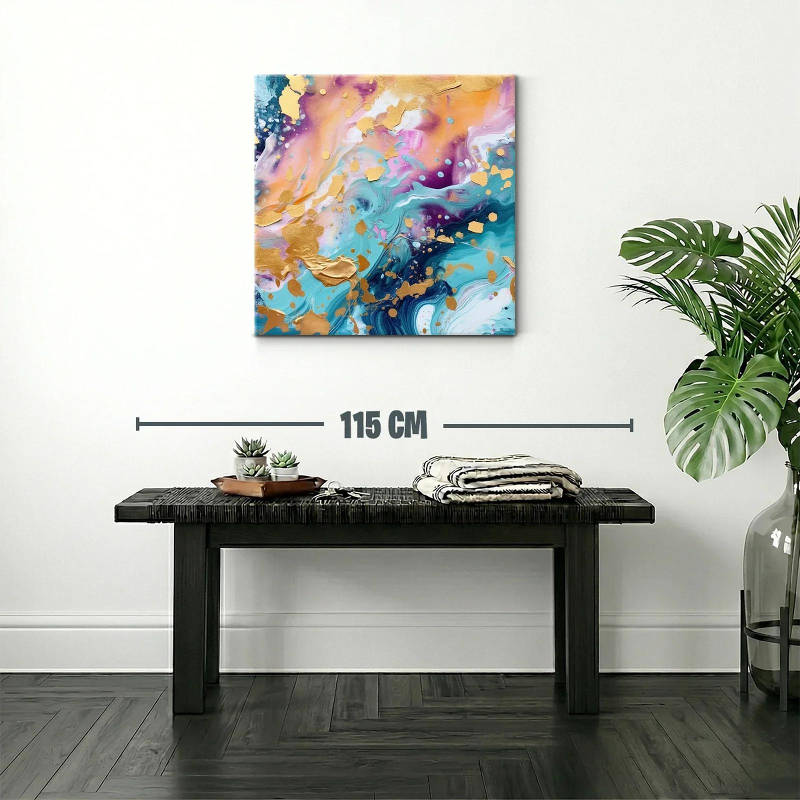 Cuadro abstracto con tonos dorados y vibrantes azules — miniatura 2