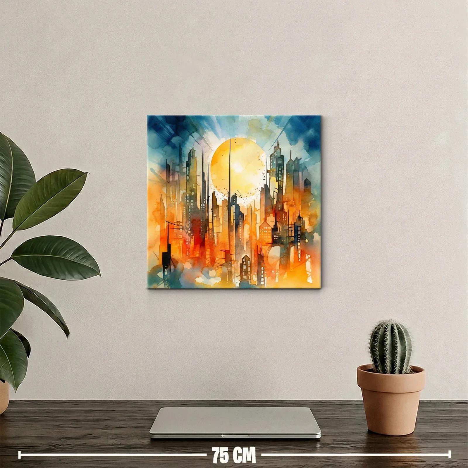 Ciudad futurista iluminada por un sol radiante en tonos cálidos — miniatura 2