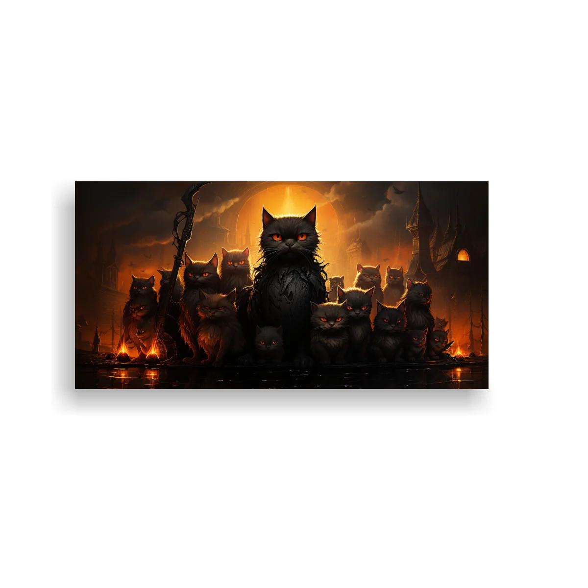 Cuadro gato negro de ojos brillantes con fuego y brasas