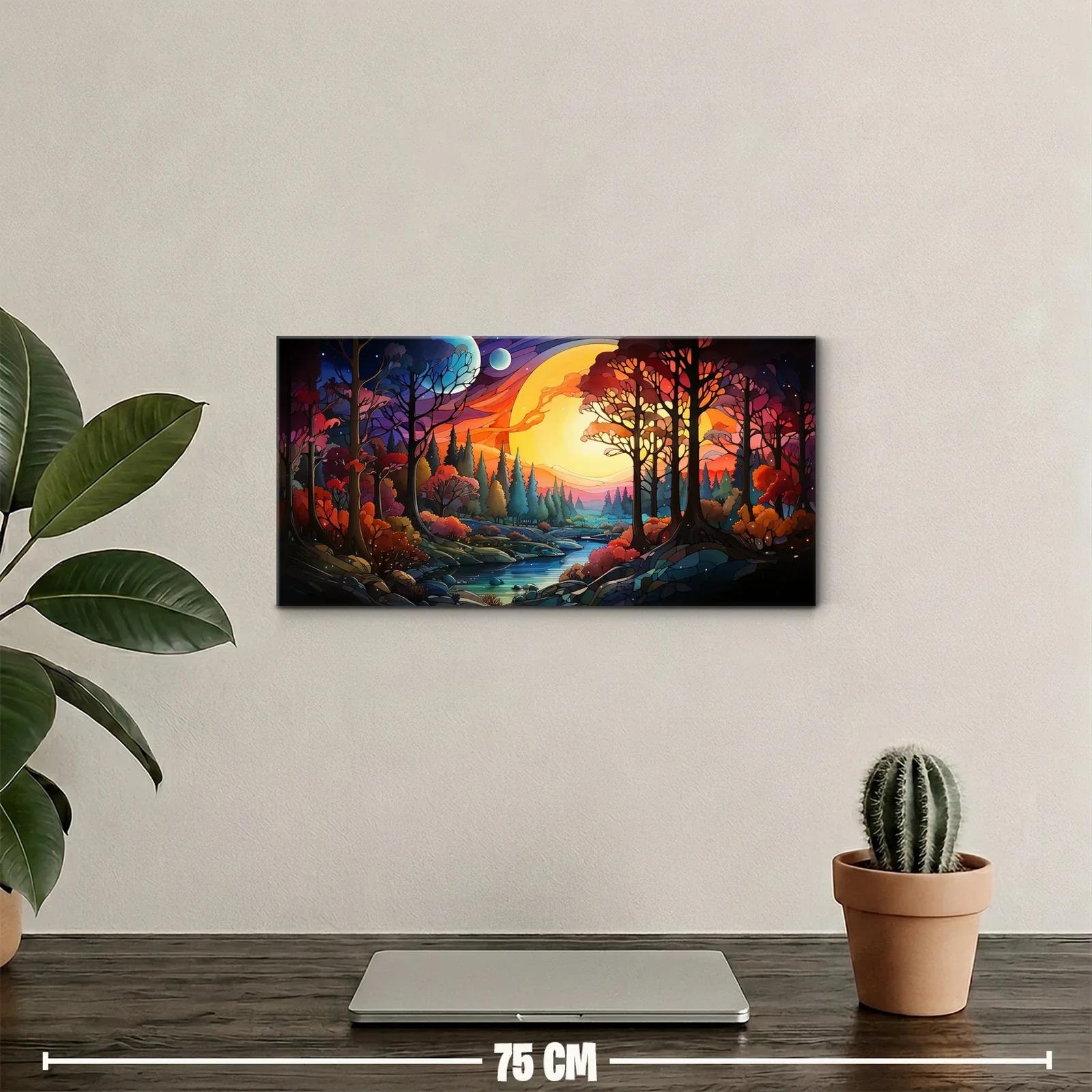 Cuadro paisaje de bosque al atardecer con arroyo serpenteante — miniatura 2