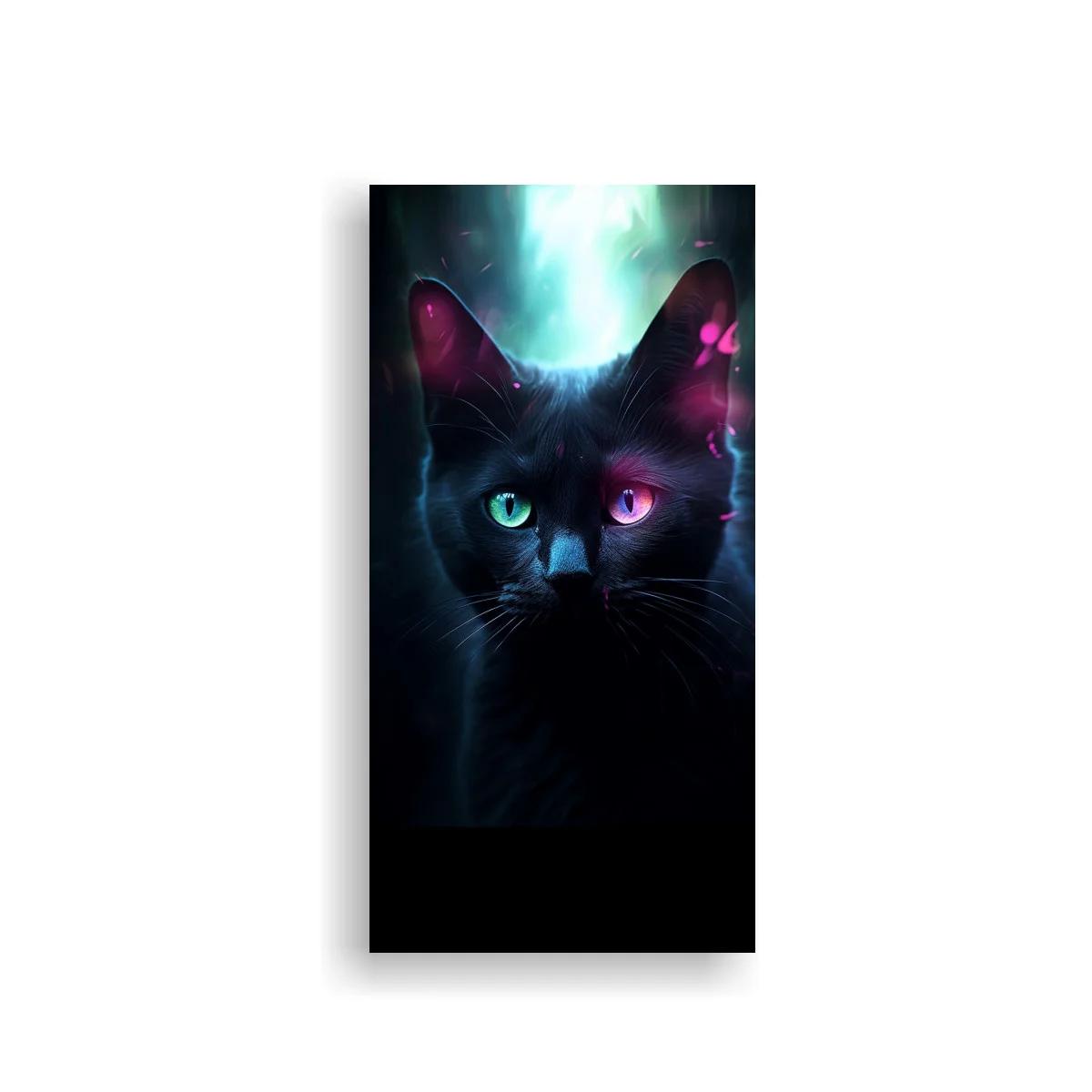 Cuadro gato negro de ojos brillantes y mariposas luminosas — imagen principal