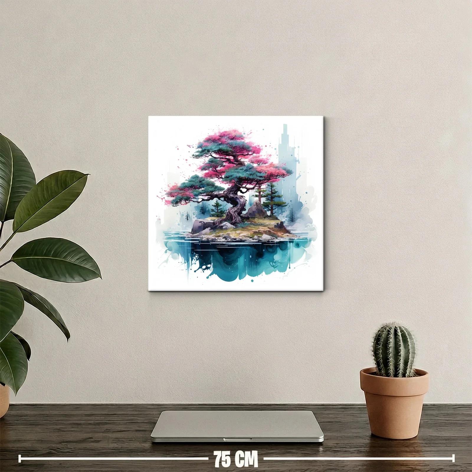 Árbol bonsái en isla flotante con tonos rosas y azules — miniatura 2