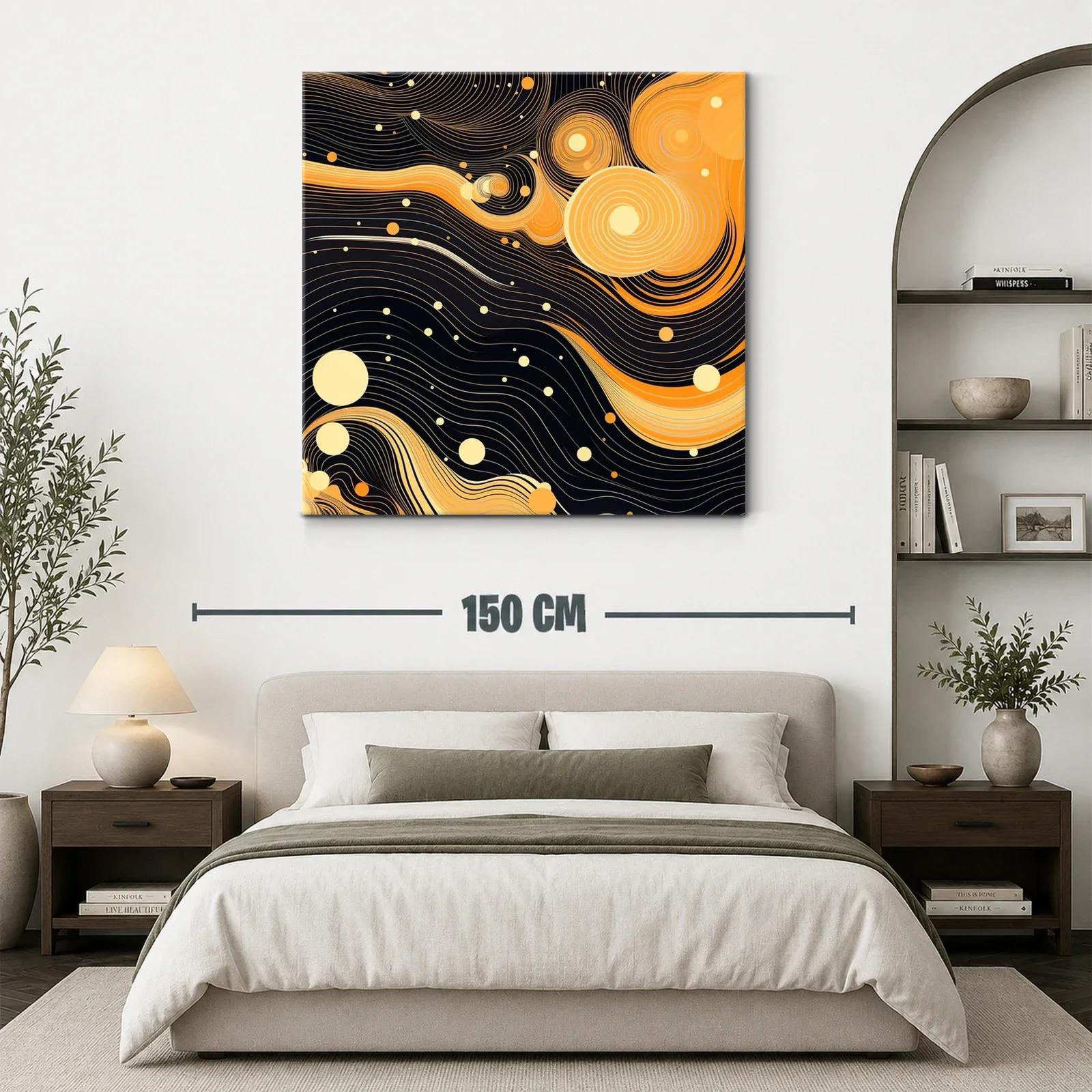 Cuadro abstracto con ondas y círculos en tonos cálidos — miniatura 3