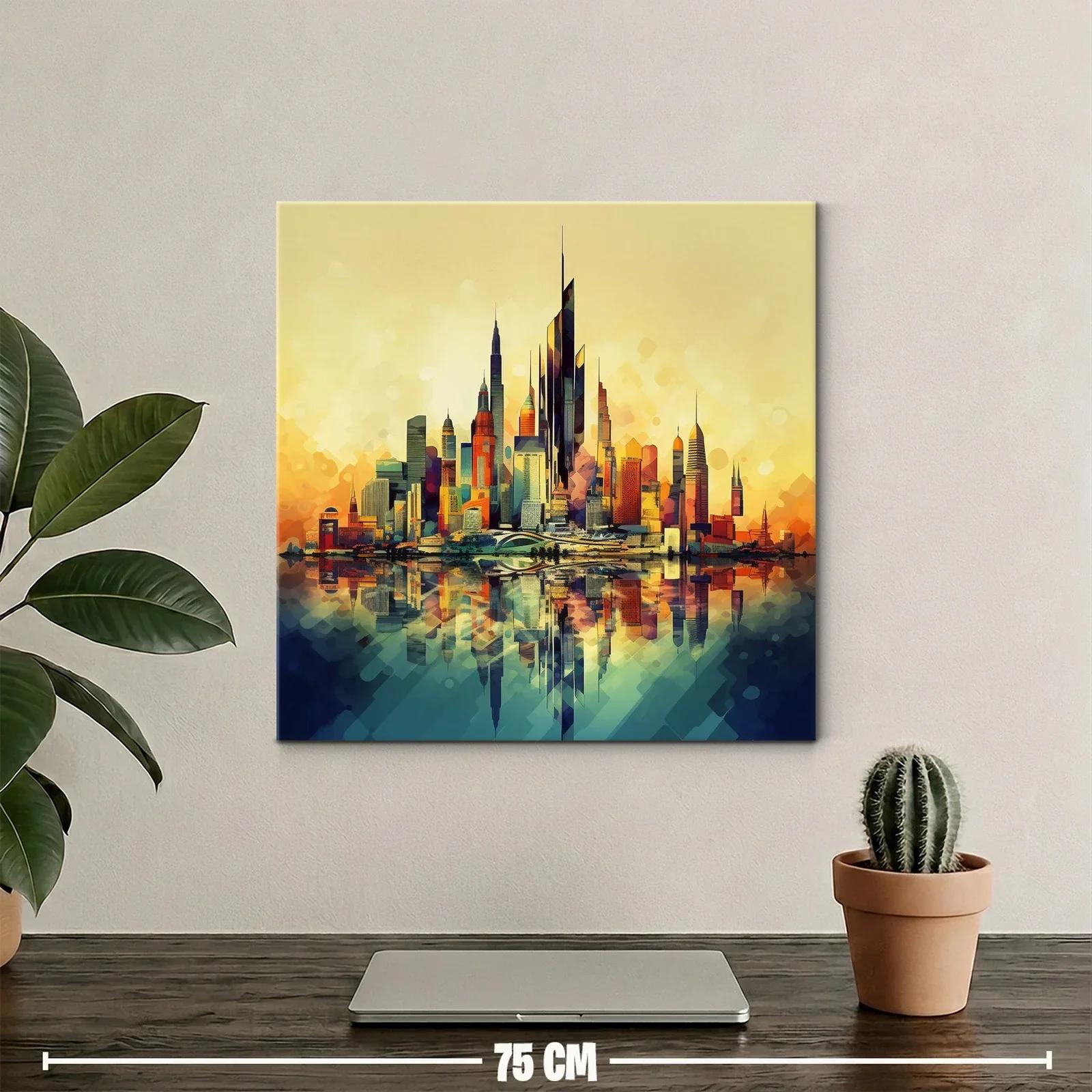 Vibrante ciudad futurista con reflejos al atardecer — miniatura 2