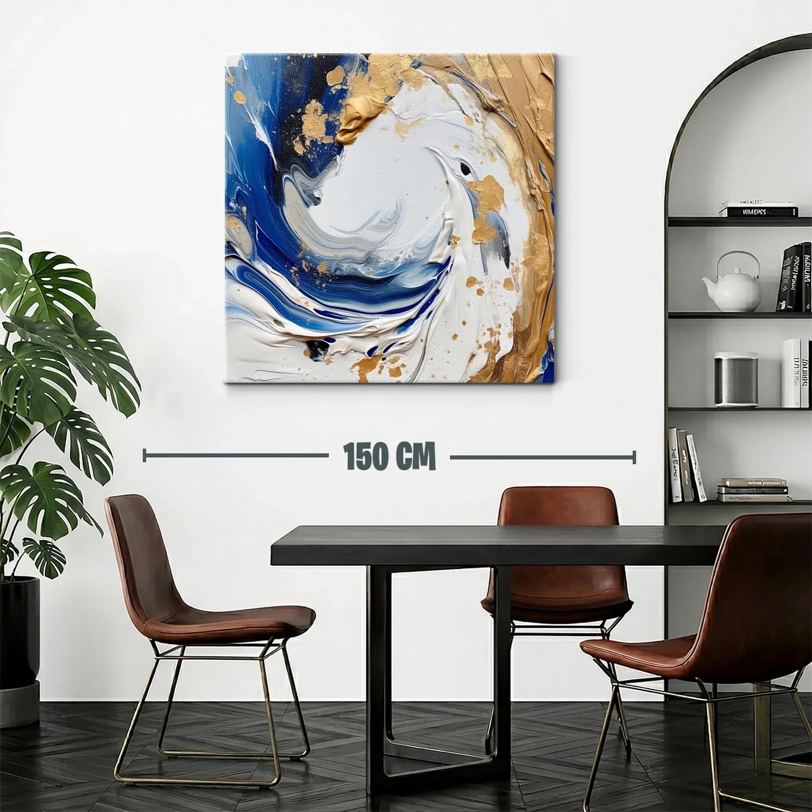 Cuadro abstracto en tonos azules y dorados con textura — miniatura 2