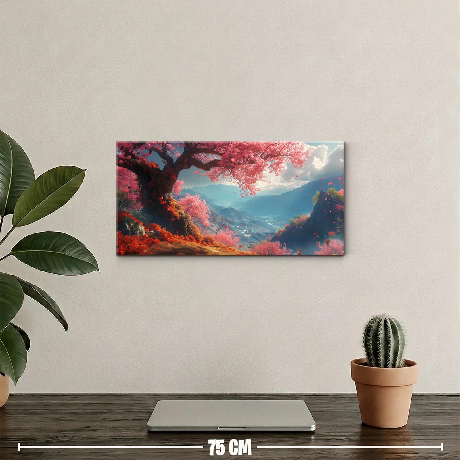 Cuadro paisaje de montaña con árbol de flores rosas y pétalos flotando — miniatura 2