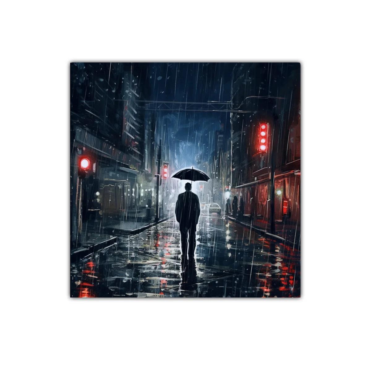Figura solitaria bajo la lluvia en ciudad nocturna