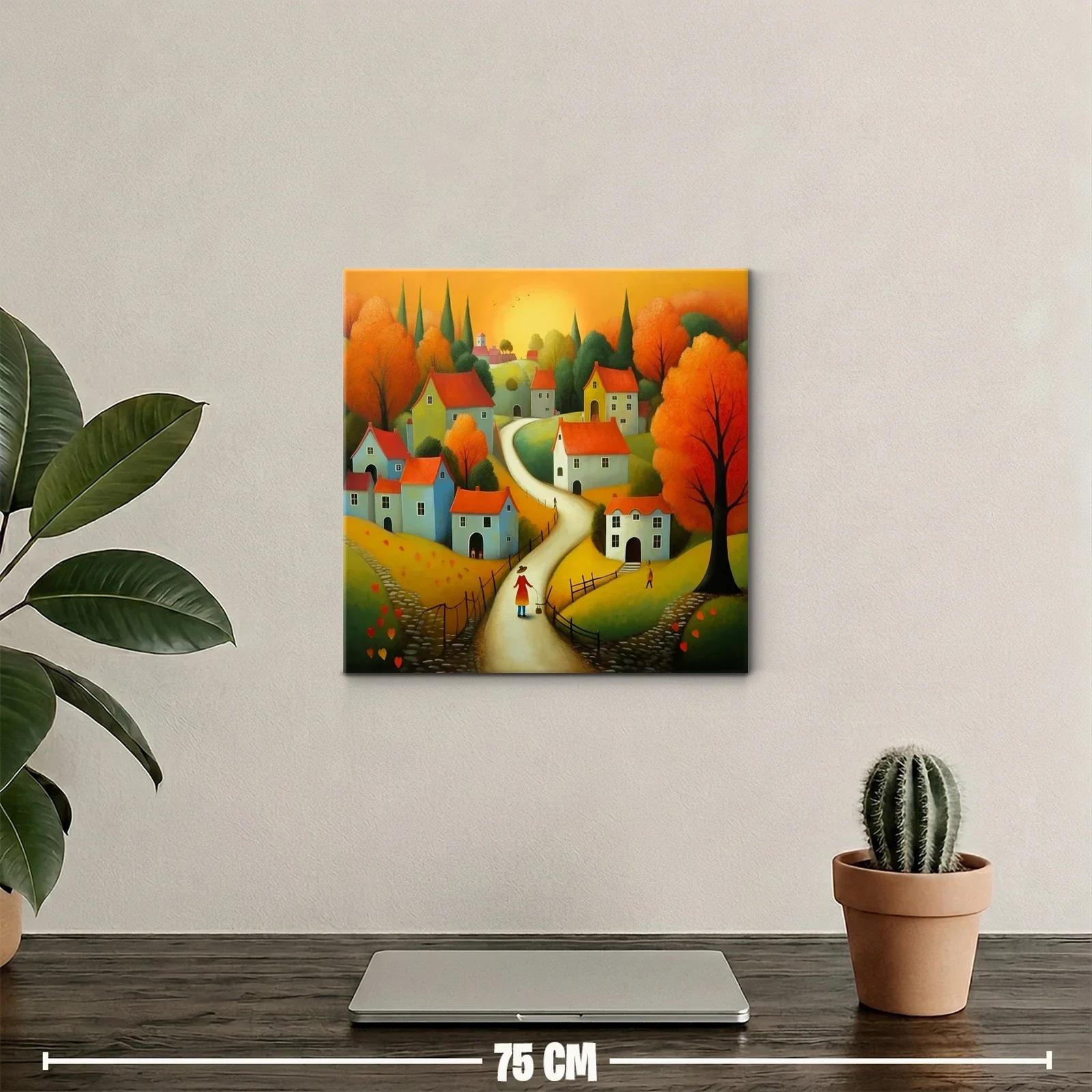 Paisaje otoñal con casas y sendero iluminado al atardecer — miniatura 2