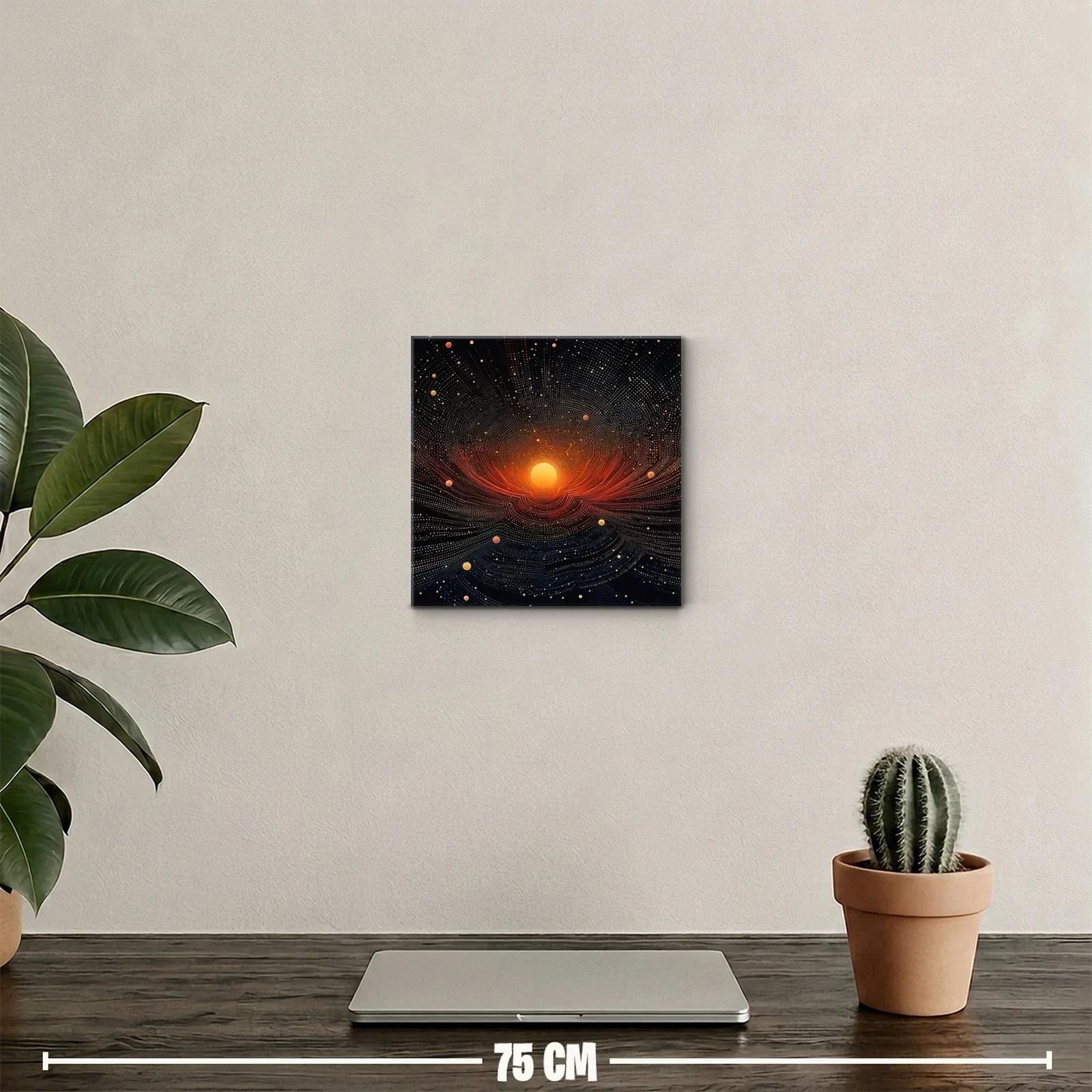 Cuadro abstracto con esfera luminosa y galaxias puntillistas — miniatura 2