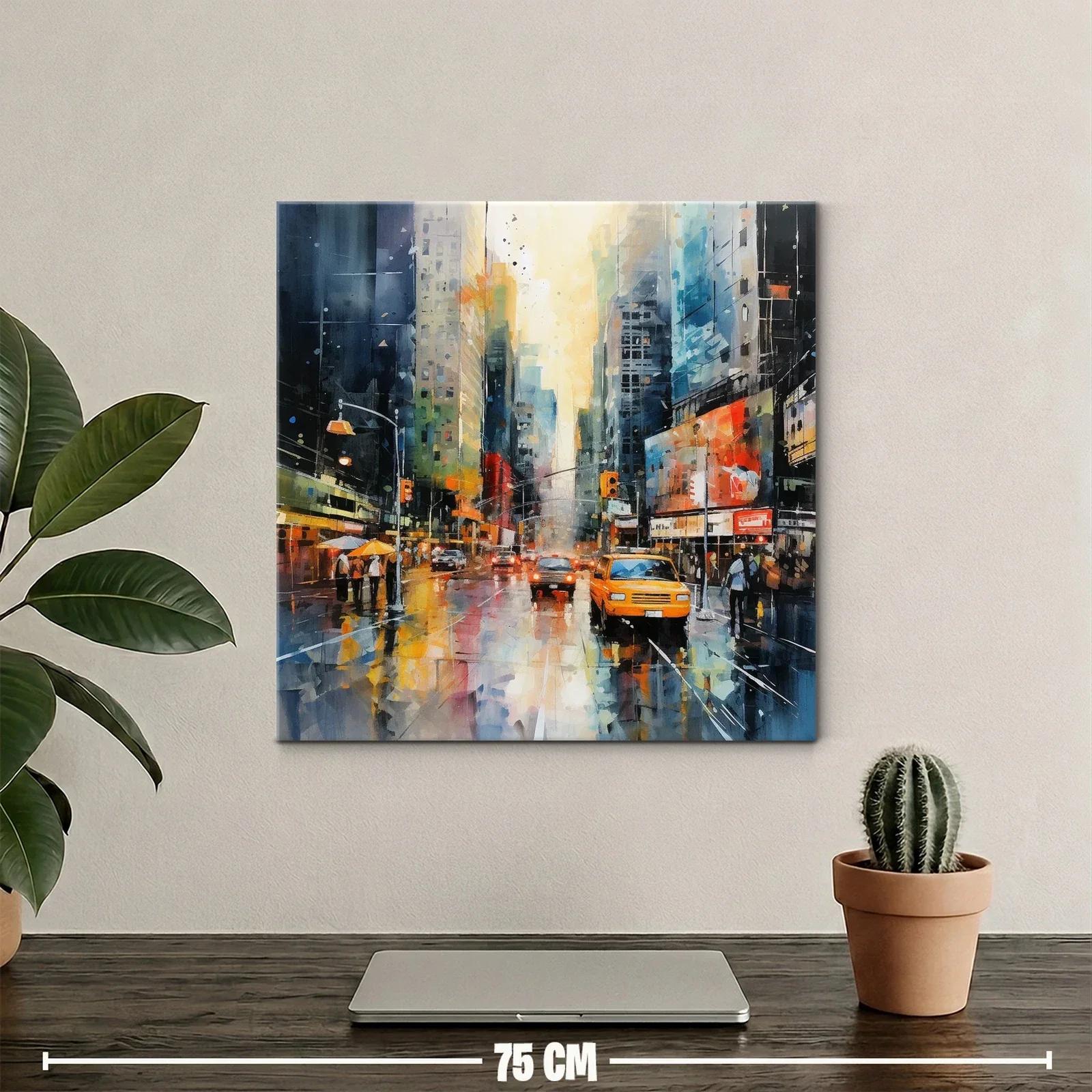 Cuadro urbano con taxi amarillo y reflejos de lluvia — miniatura 2