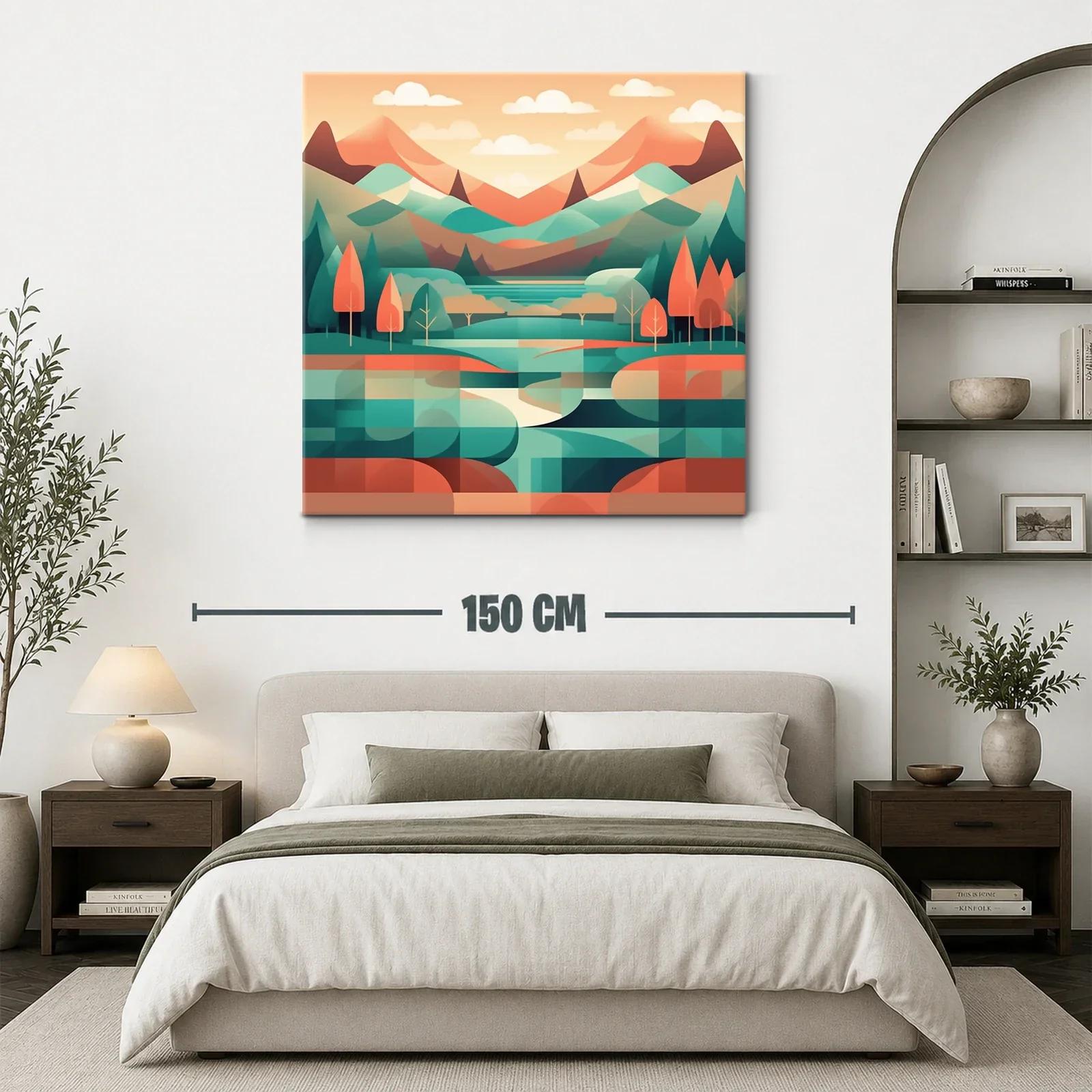 Paisaje geométrico con montañas y árboles en tonos cálidos — miniatura 3