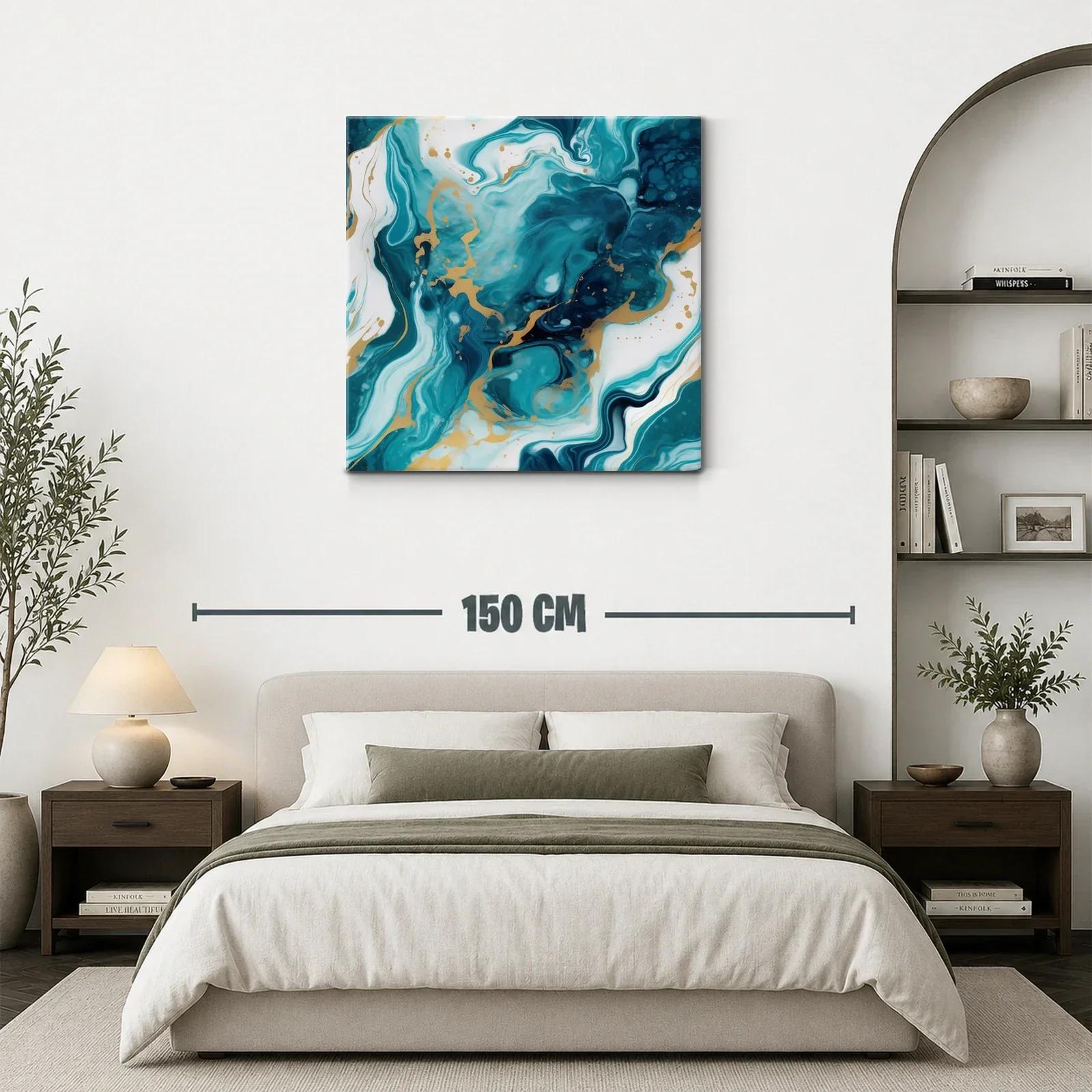 Cuadro abstracto con tonos turquesa y dorados vibrantes — miniatura 3