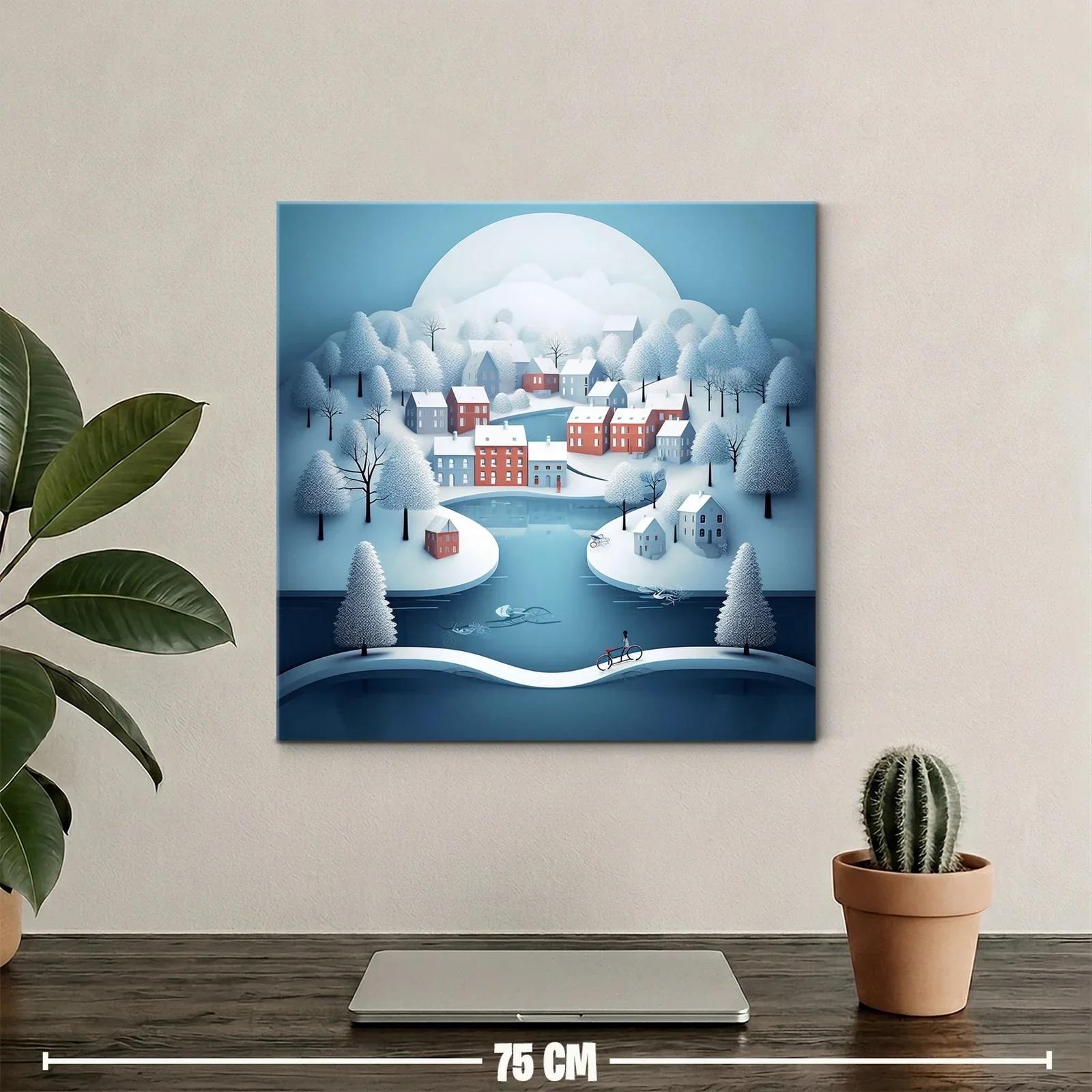 Paisaje Invernal con Pueblo y Río en Tonos Suaves — miniatura 2