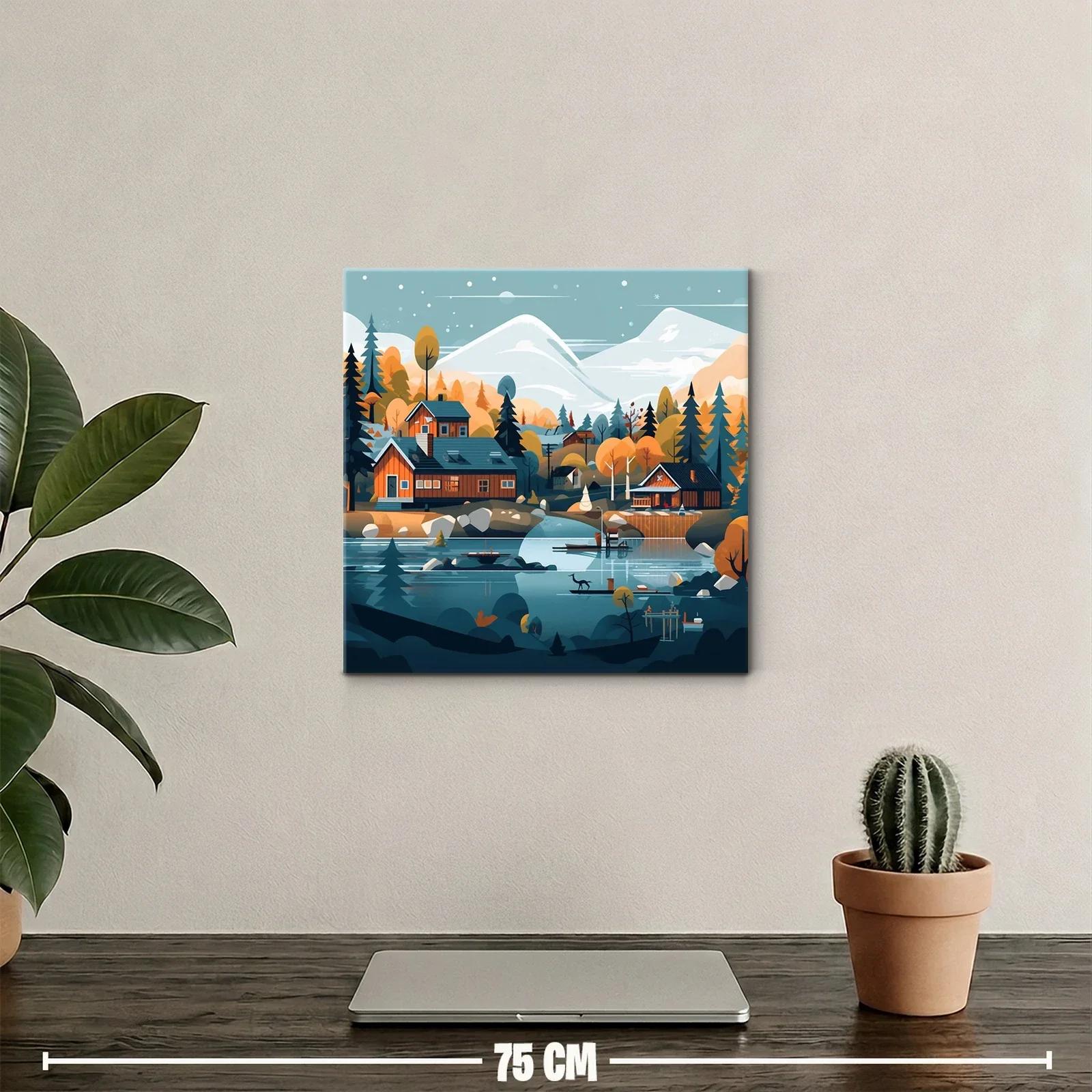 Paisaje sereno de cabañas junto al lago y montañas nevadas — miniatura 2