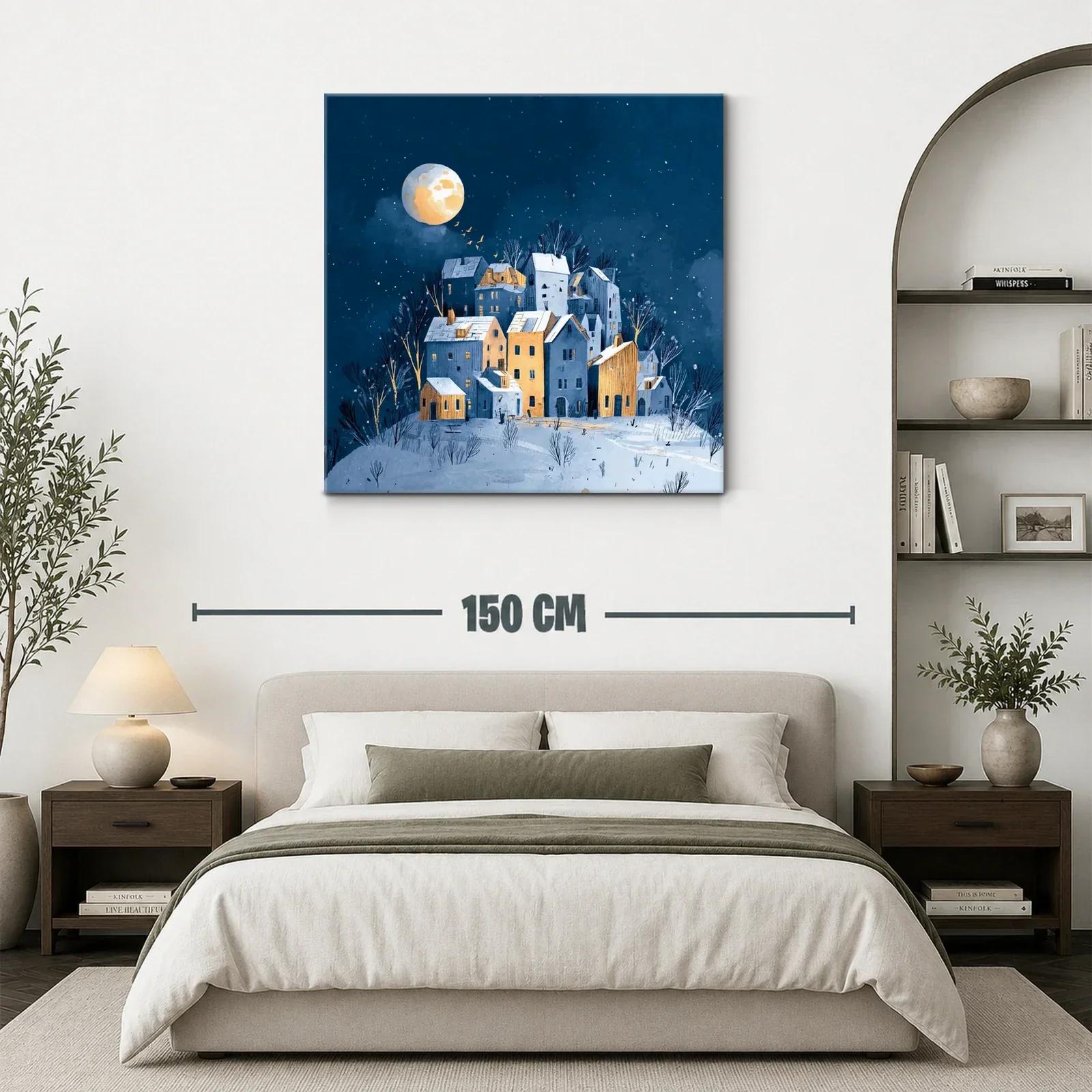 Paisaje nocturno con casas iluminadas y luna llena — miniatura 3