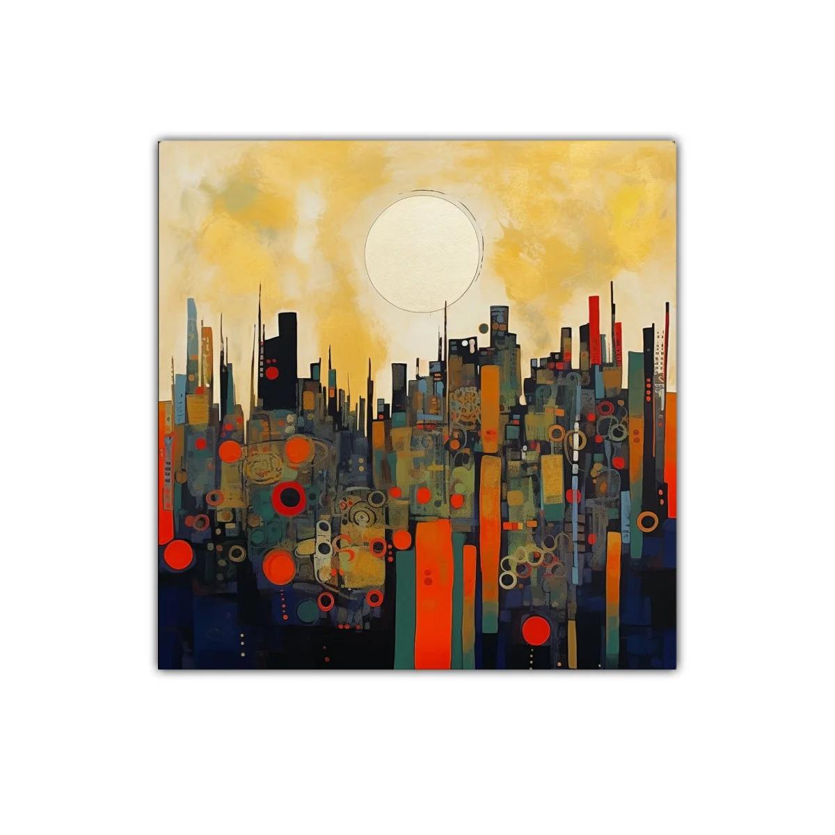 Cuadro abstracto paisaje urbano con círculo dorado — imagen principal