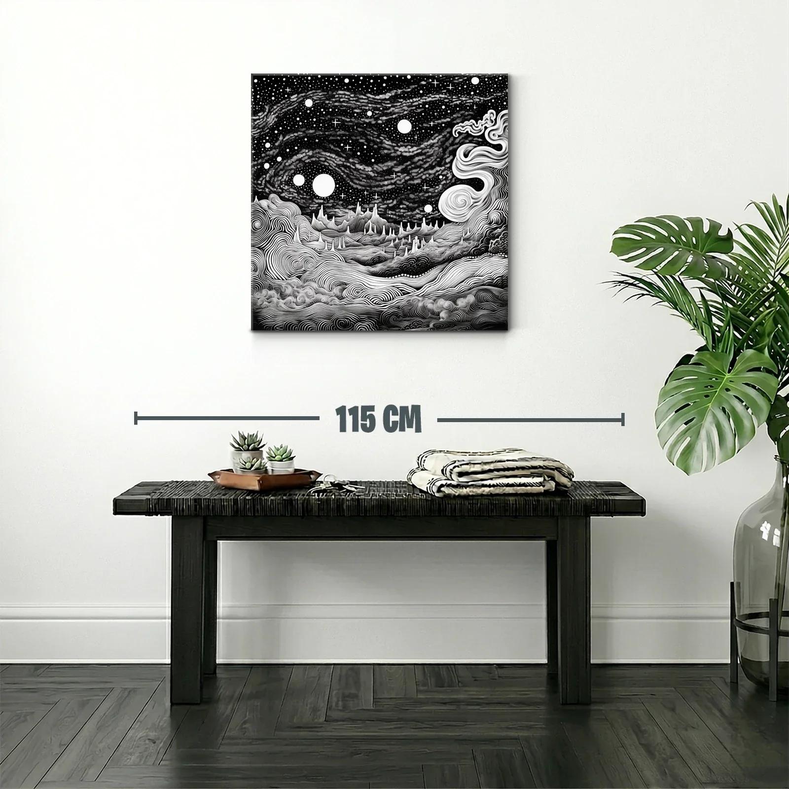 Paisaje cósmico en blanco y negro con formas onduladas — miniatura 2