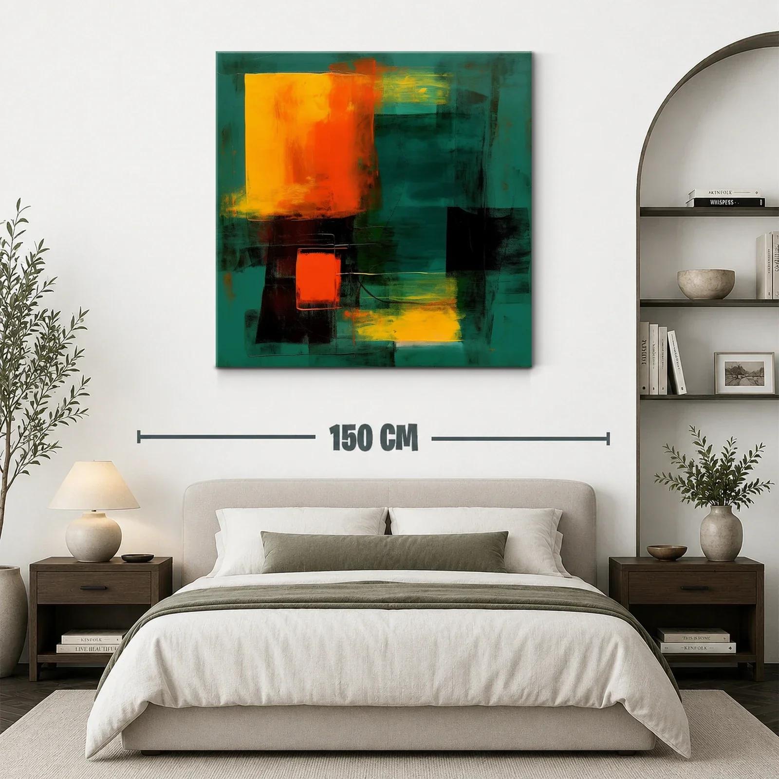 Cuadro abstracto con contraste vibrante en tonos verdes y naranjas — miniatura 3