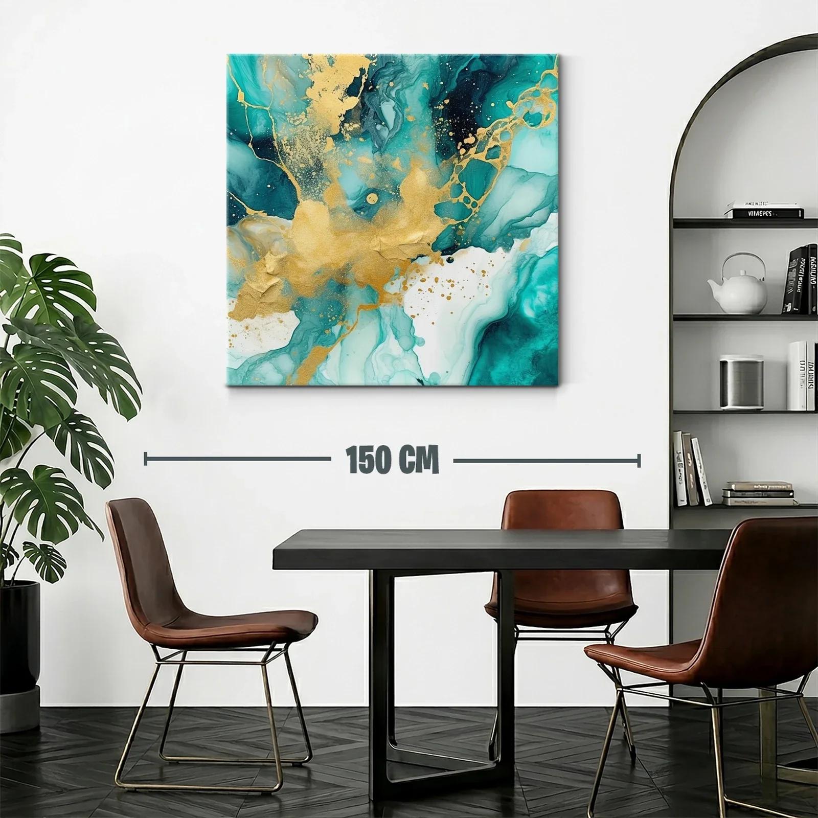 Cuadro abstracto con tonos turquesa y dorados vibrantes — miniatura 2