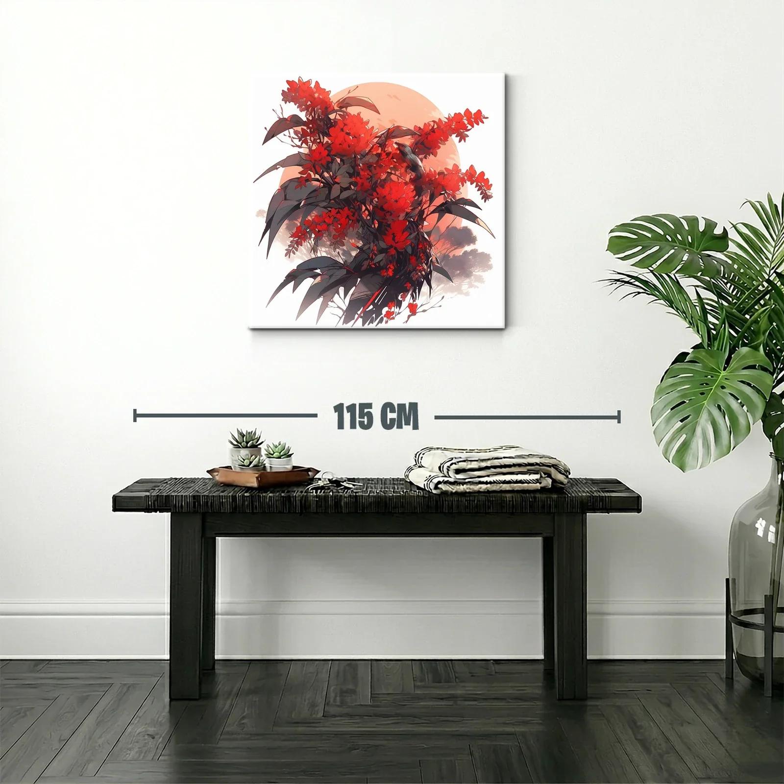 Cuadro floral con aves en tonos rojizos y contraste oscuro — miniatura 2