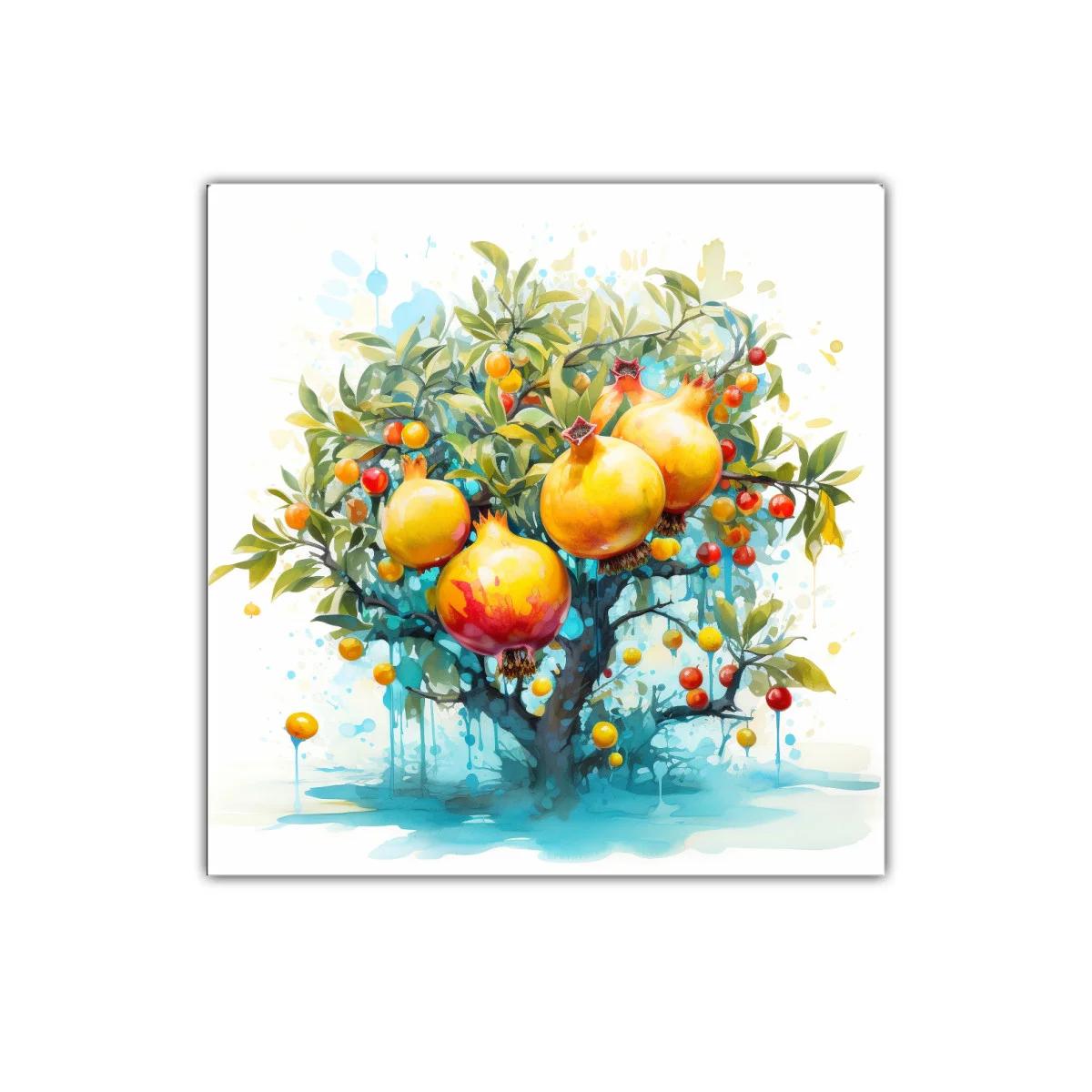 Cuadro decorativo con árbol de granadas vibrantes y follaje