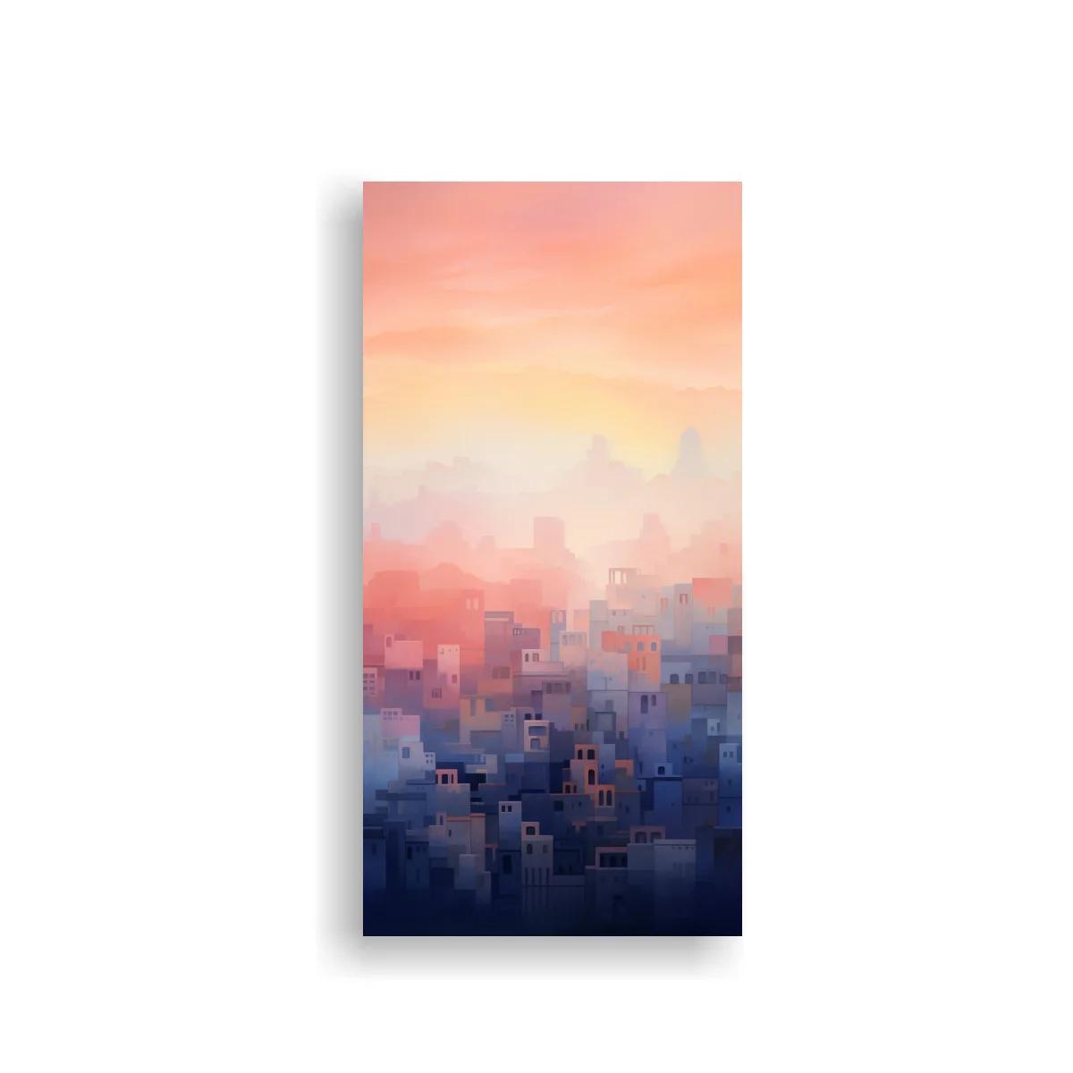 Cuadro ciudad al atardecer con bruma y cielo cálido