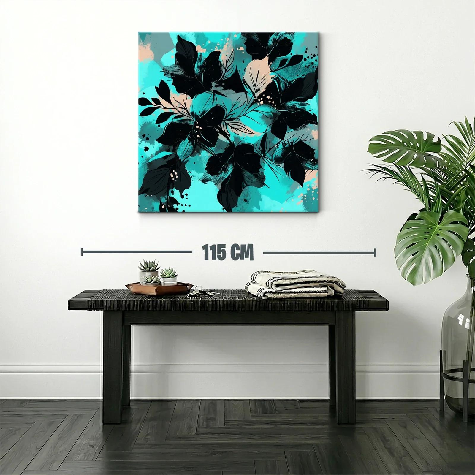 Cuadro moderno con motivos florales en tonos turquesa y negro — miniatura 2