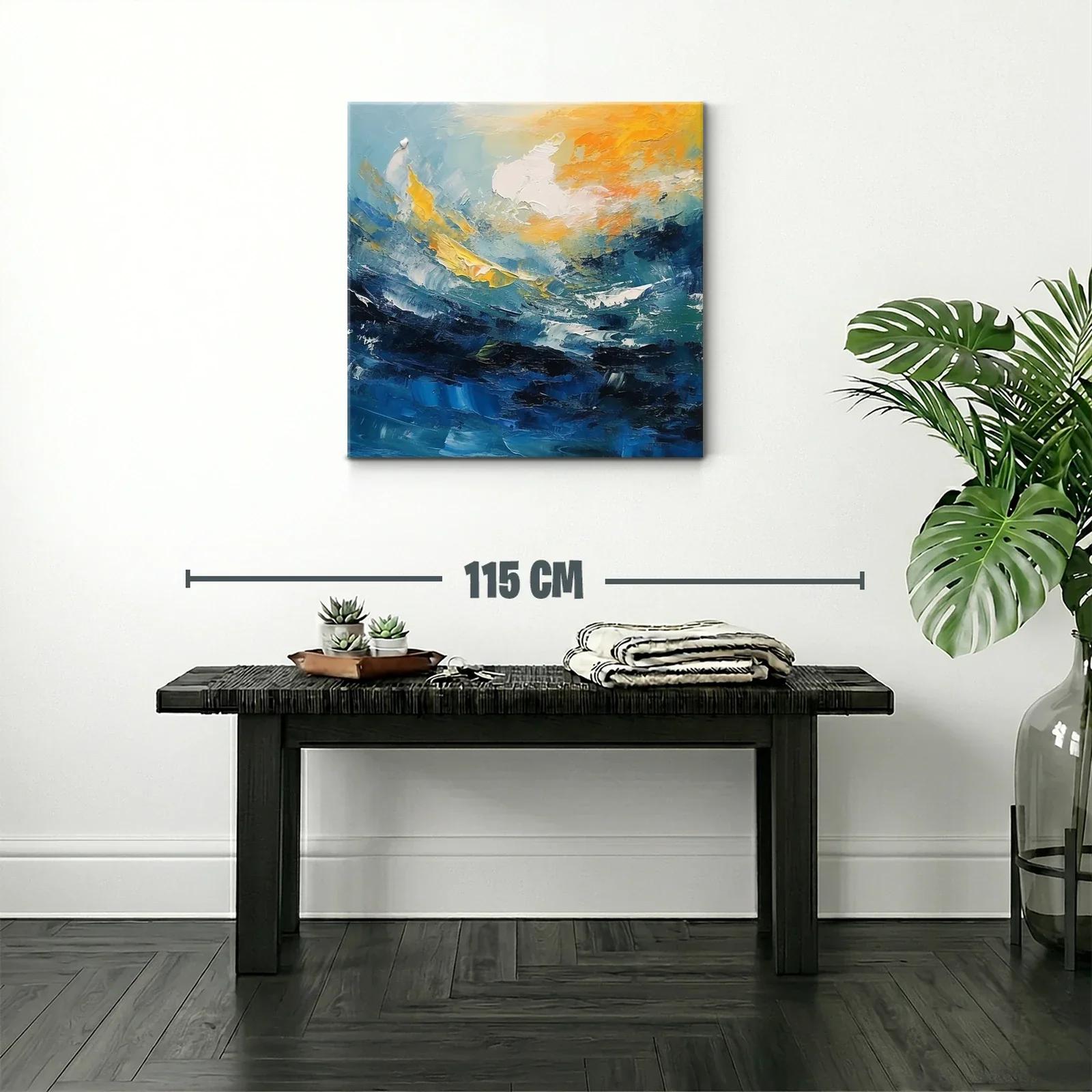 Cuadro abstracto con dinámicas olas y cielo en tonos cálidos — miniatura 2
