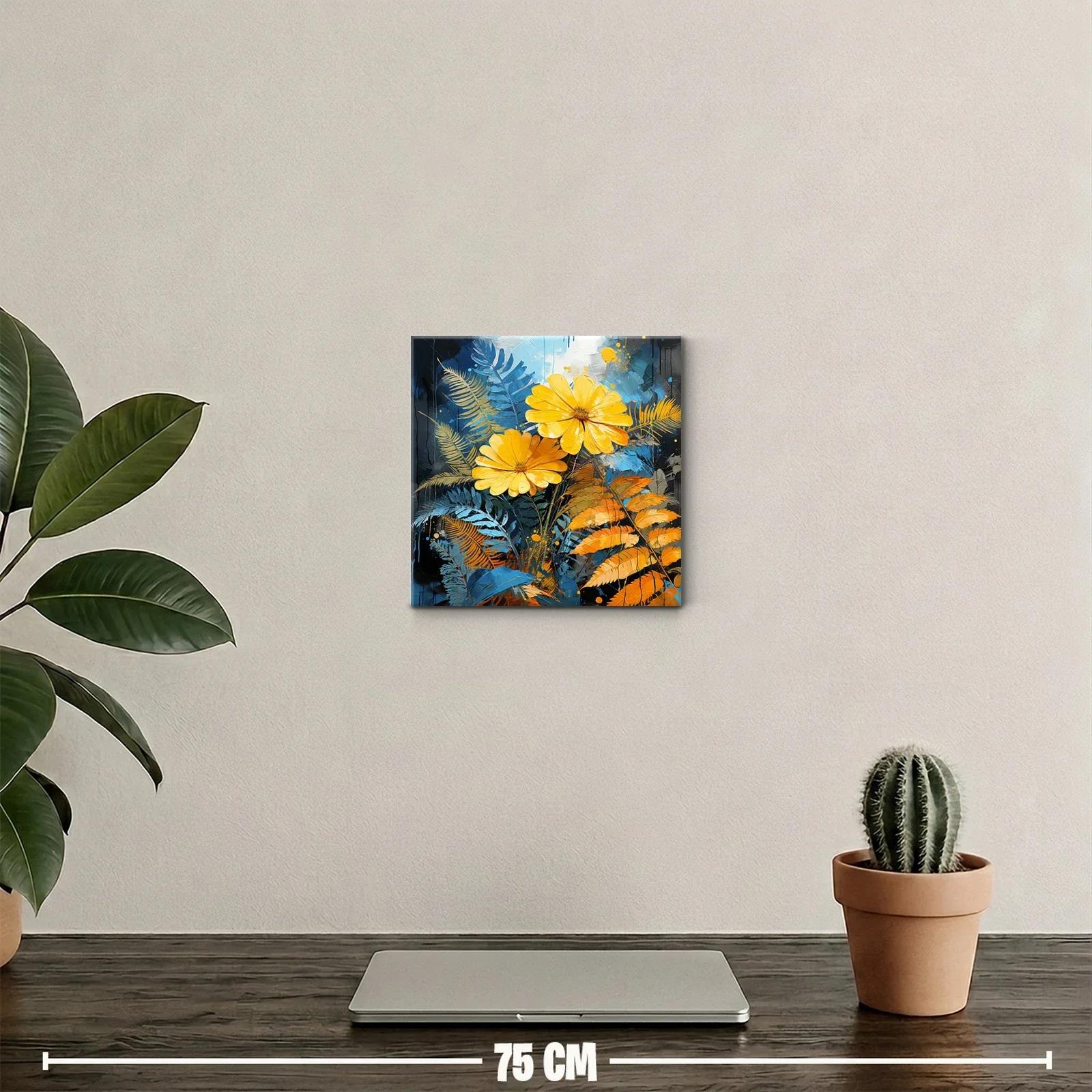Cuadro decorativo con flores amarillas y hojas azul y naranja — miniatura 2