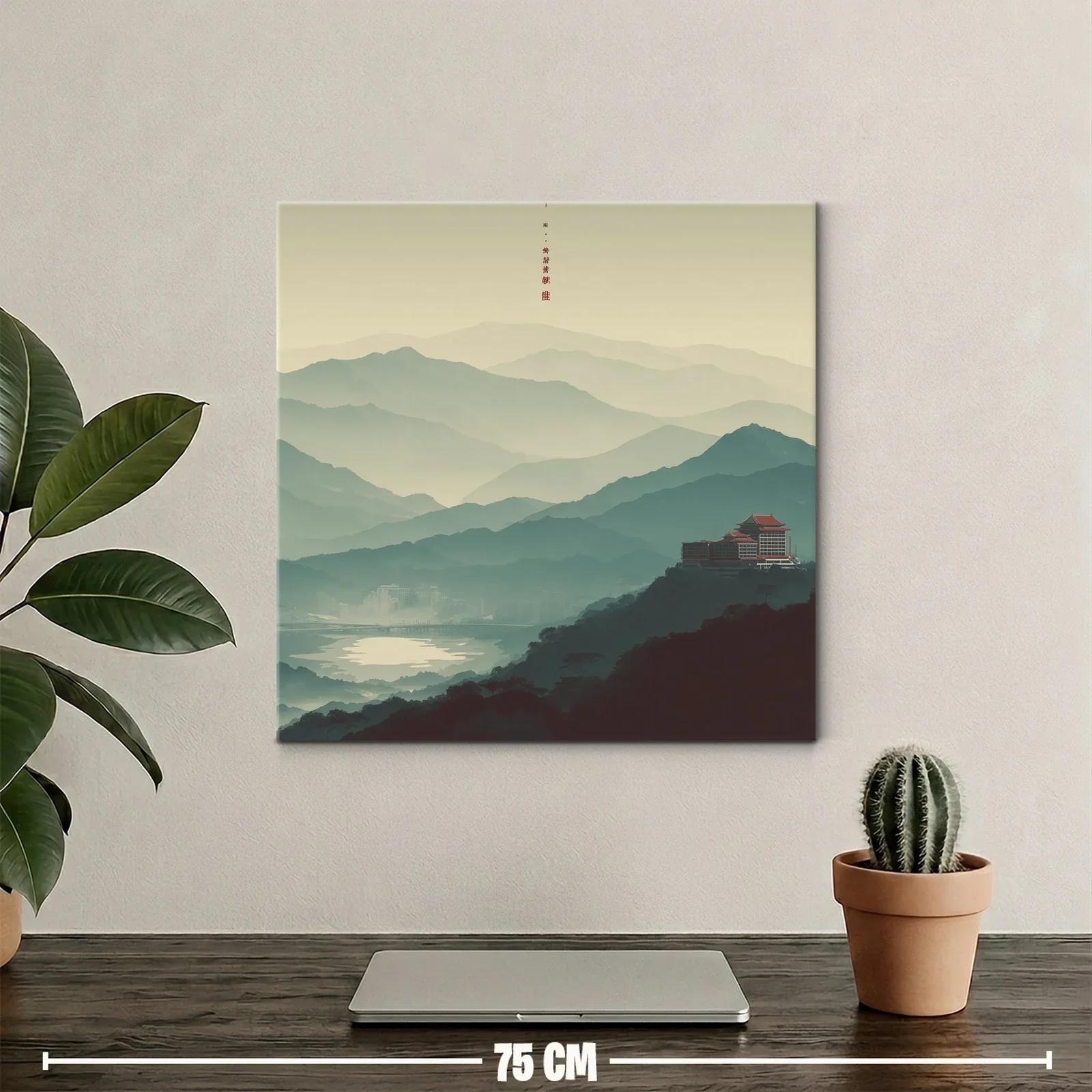 Paisaje con montañas y templo tradicional en calma matutina — miniatura 2