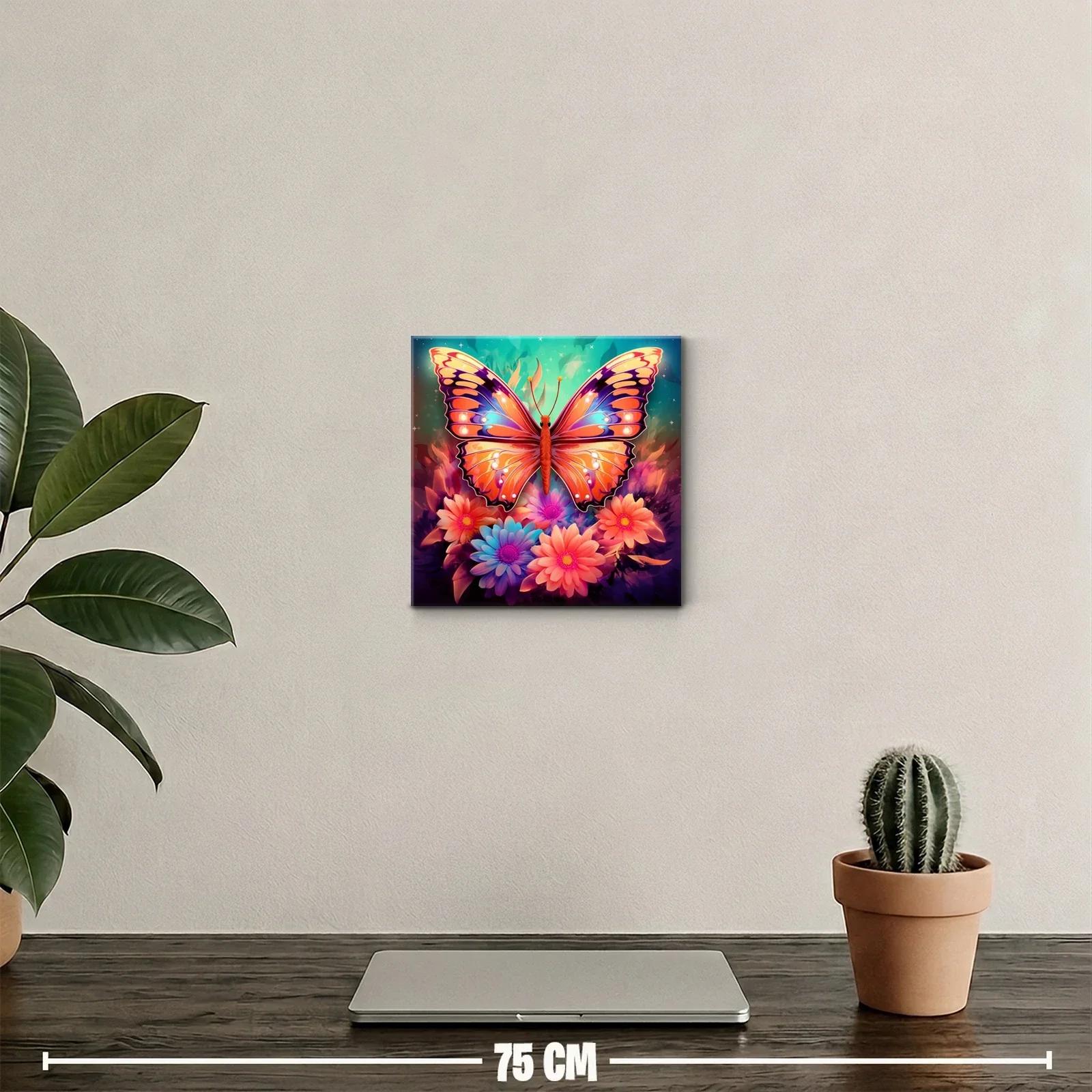 Mariposa vibrante sobre flores multicoloridas en fondo onírico — miniatura 2