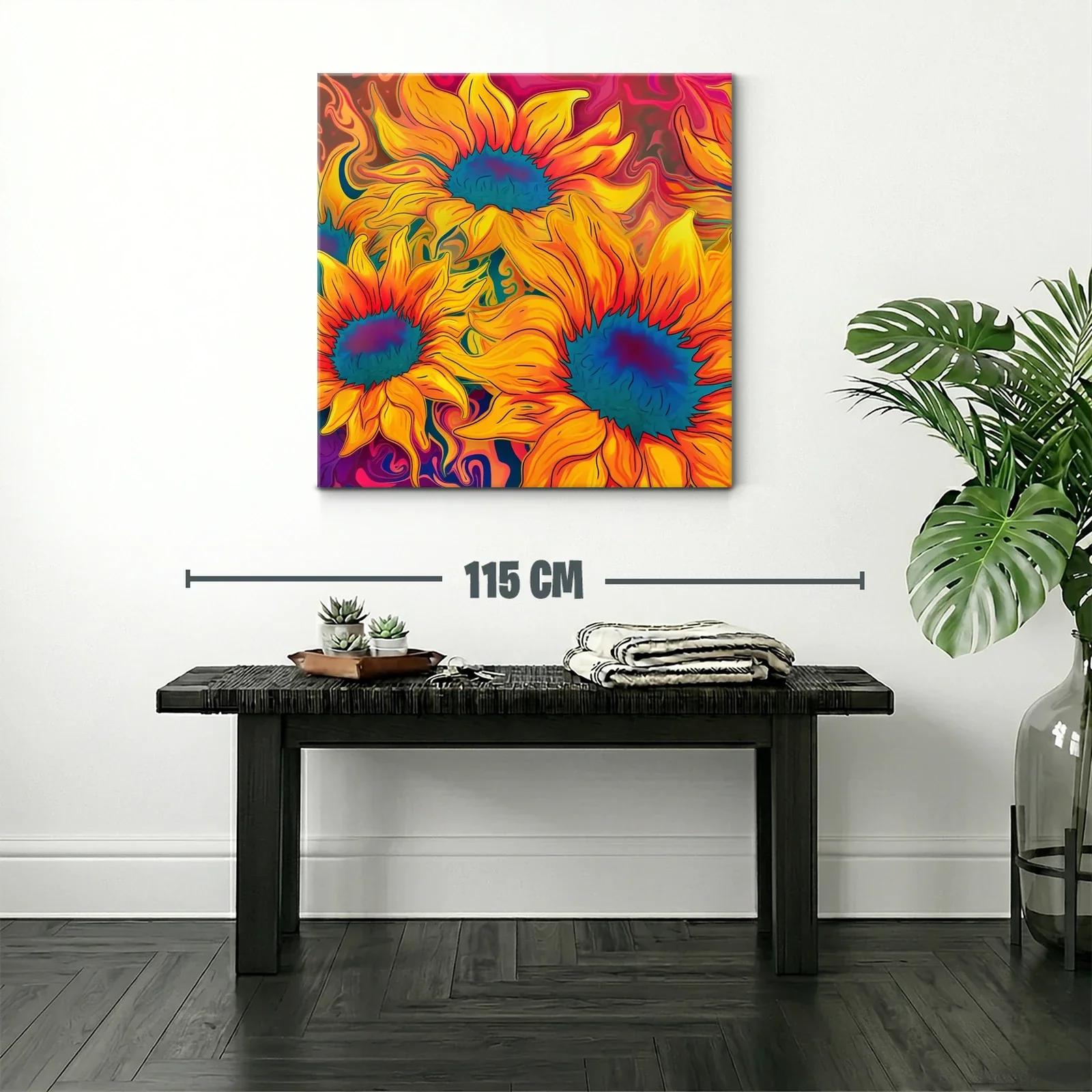 Cuadro vibrante con girasoles en tonos cálidos y contrastes azules — miniatura 2