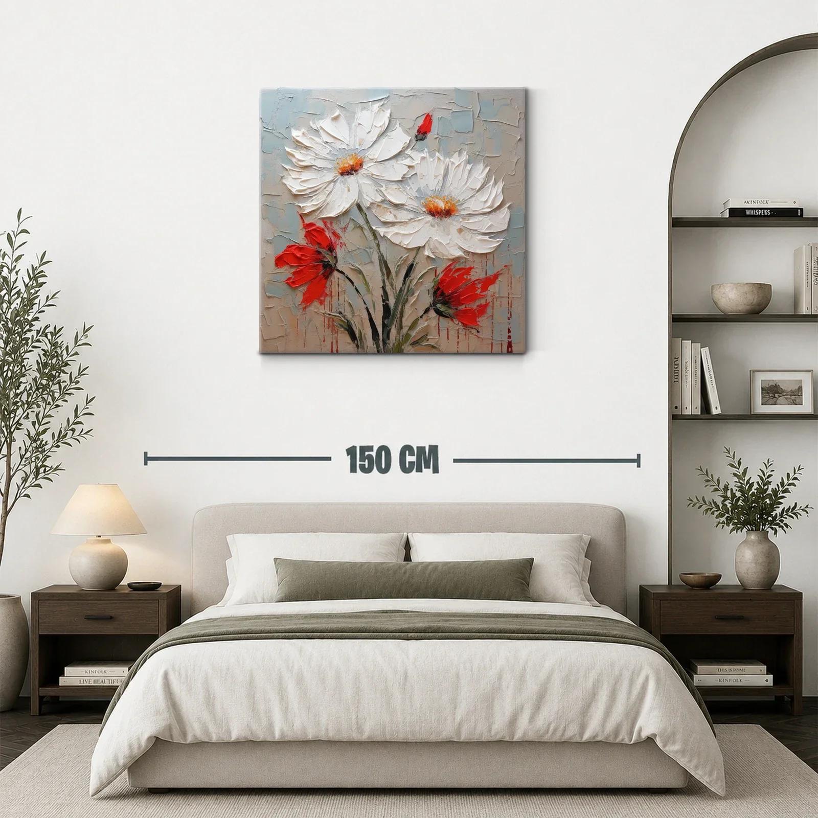 Cuadro floral en relieve con margaritas blancas y acentos rojos — miniatura 3