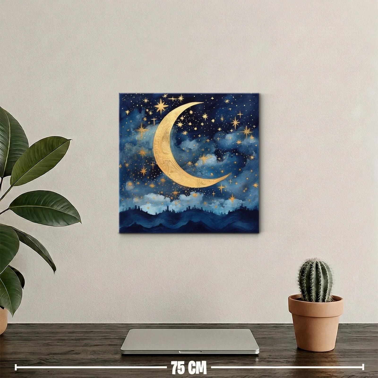 Cuadro con luna dorada y cielo estrellado azul — miniatura 2