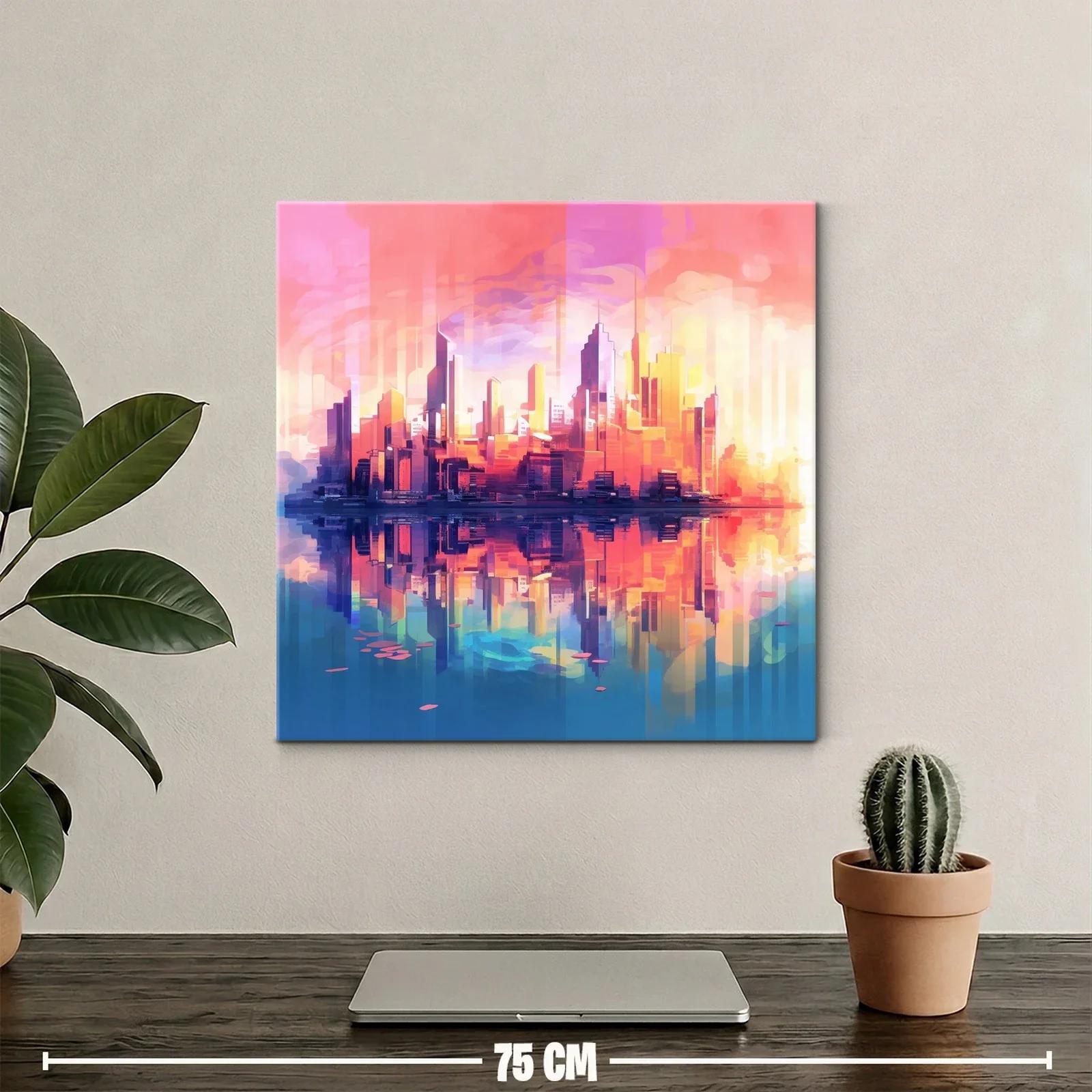 Ciudad moderna con reflejos vibrantes en tonos cálidos y fríos — miniatura 2